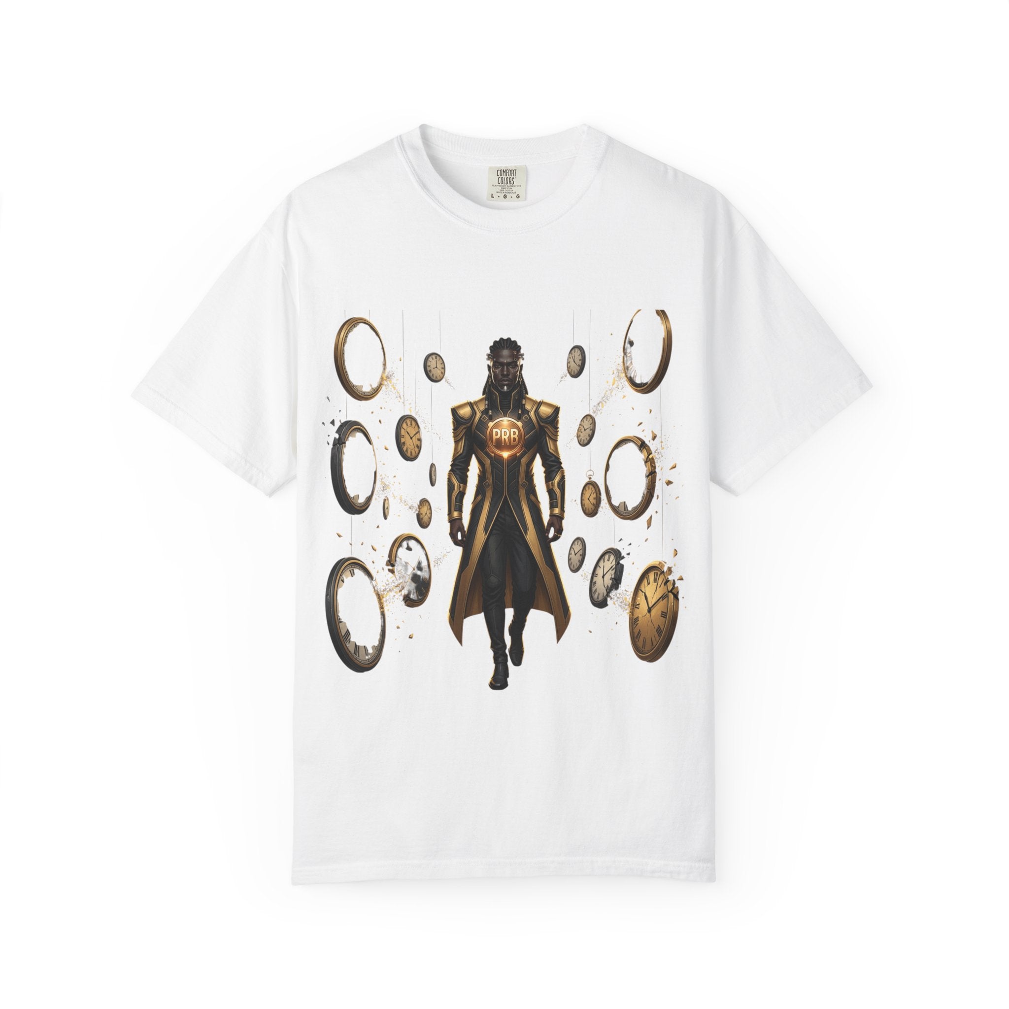 Printify PRB Time Mage Character Art T-Shirt | Floating Clocks, Fantasy Magic - T-Shirt