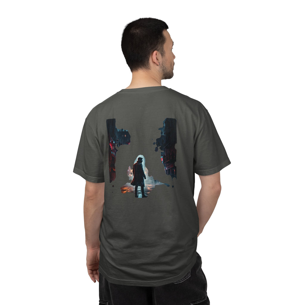 Syndication Loop Cyberpunk Portrait Tee — Tech-Noir Graphic T-Shirt | Power Runs Black by Printify