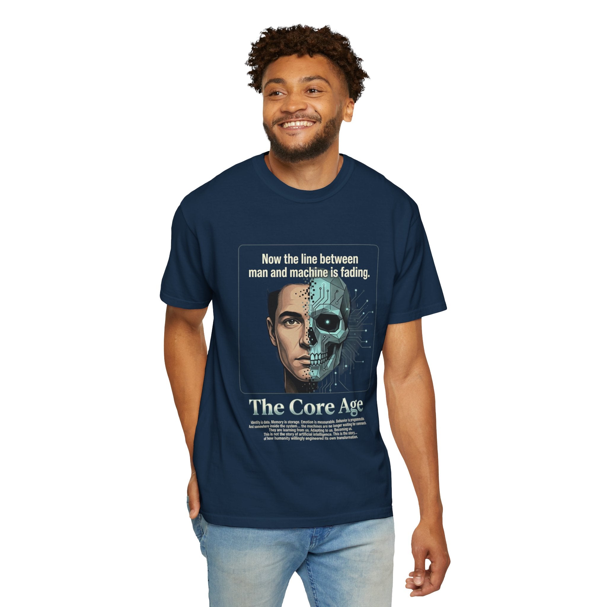 Power Runs Black AI Fusion Graphic T-Shirt — "The Core Age" Split Face Design by Power Runs Black