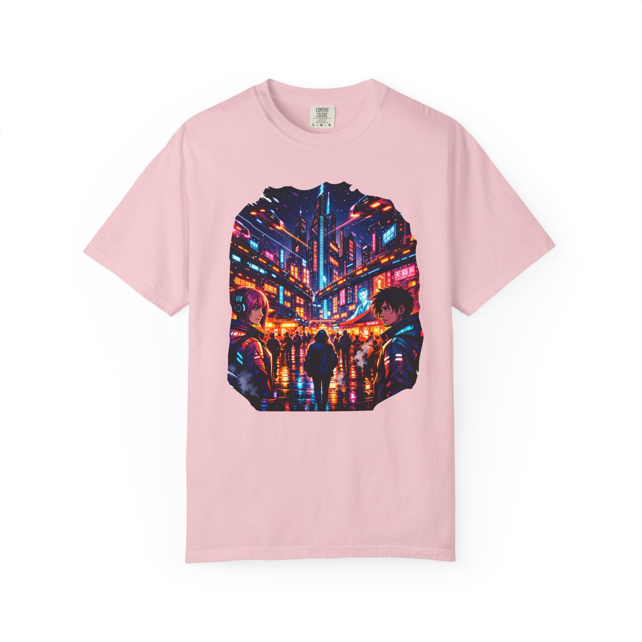 PRB Neon Cyberpunk Cityscape T-shirt | Anime Night Rain Streets by Power Runs Black