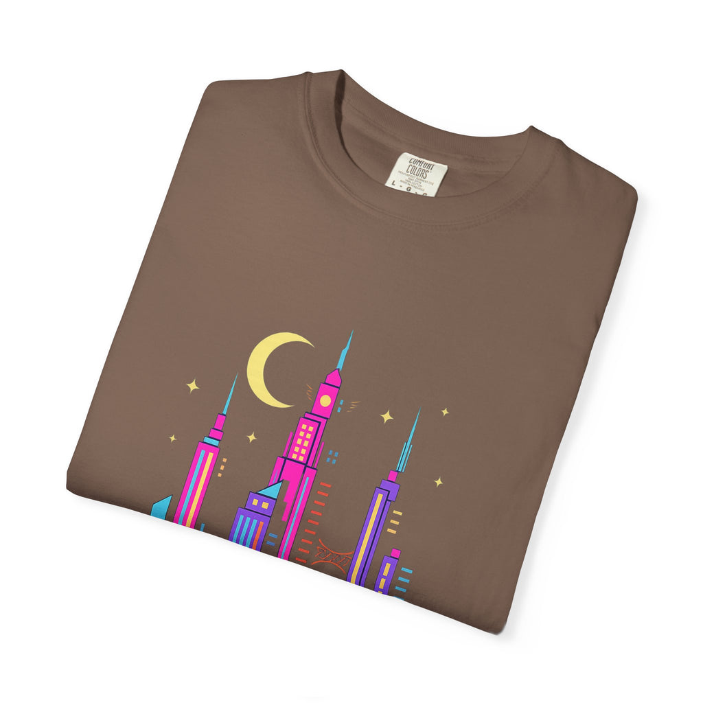Power Runs Black PRB Neon City Skyline T-shirt | Vibrant Urban Nightscape Tee by Printify