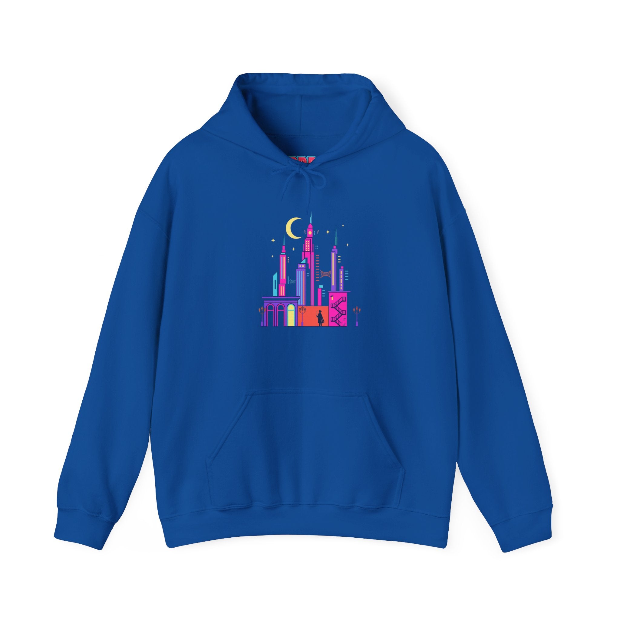 PRB Colorful City Skyline Hoodie – Vibrant Nighttime Urban Graphic by Printify