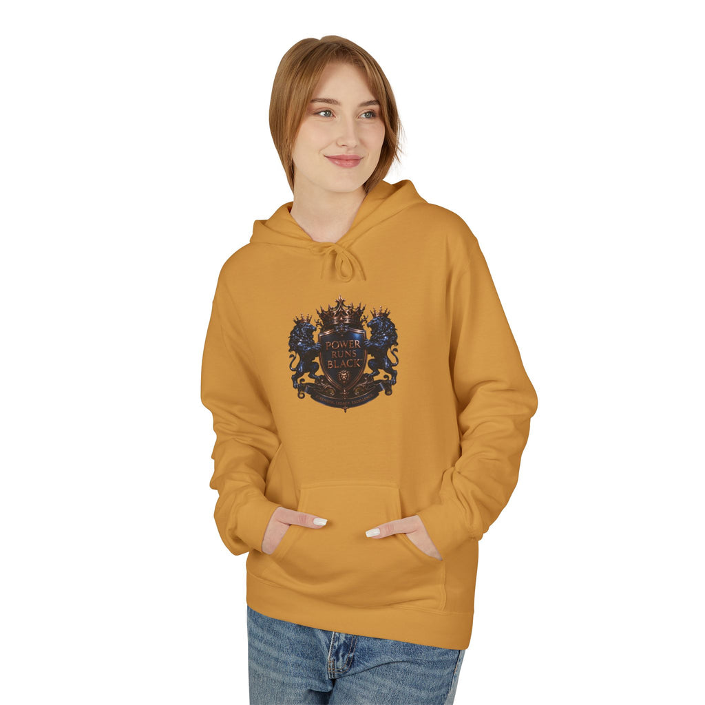 Power Runs Black crest hoodie | medieval shield with lions and wings by Power Runs Black
