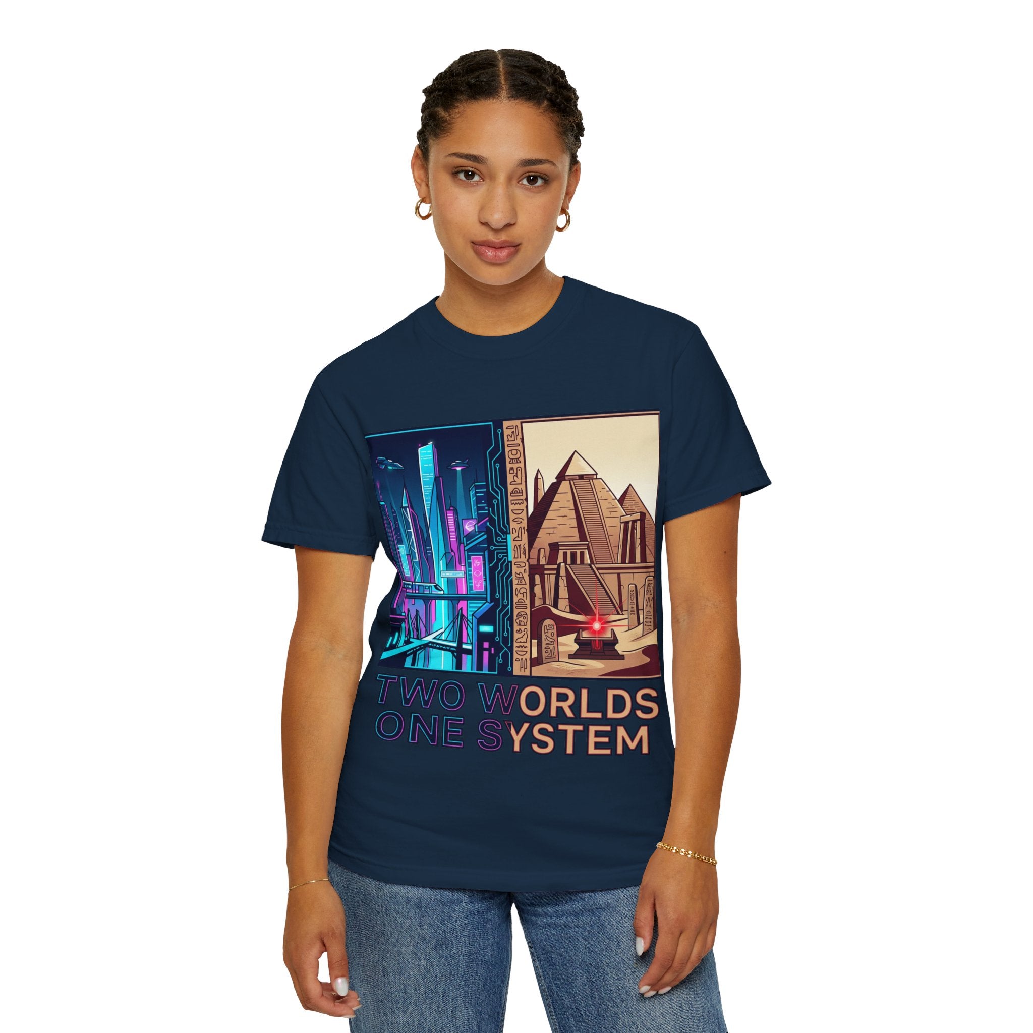 Power Runs Black PRB Blue Technopolis/ Red Dominion Two Worlds One System T-Shirt by Power Runs Black