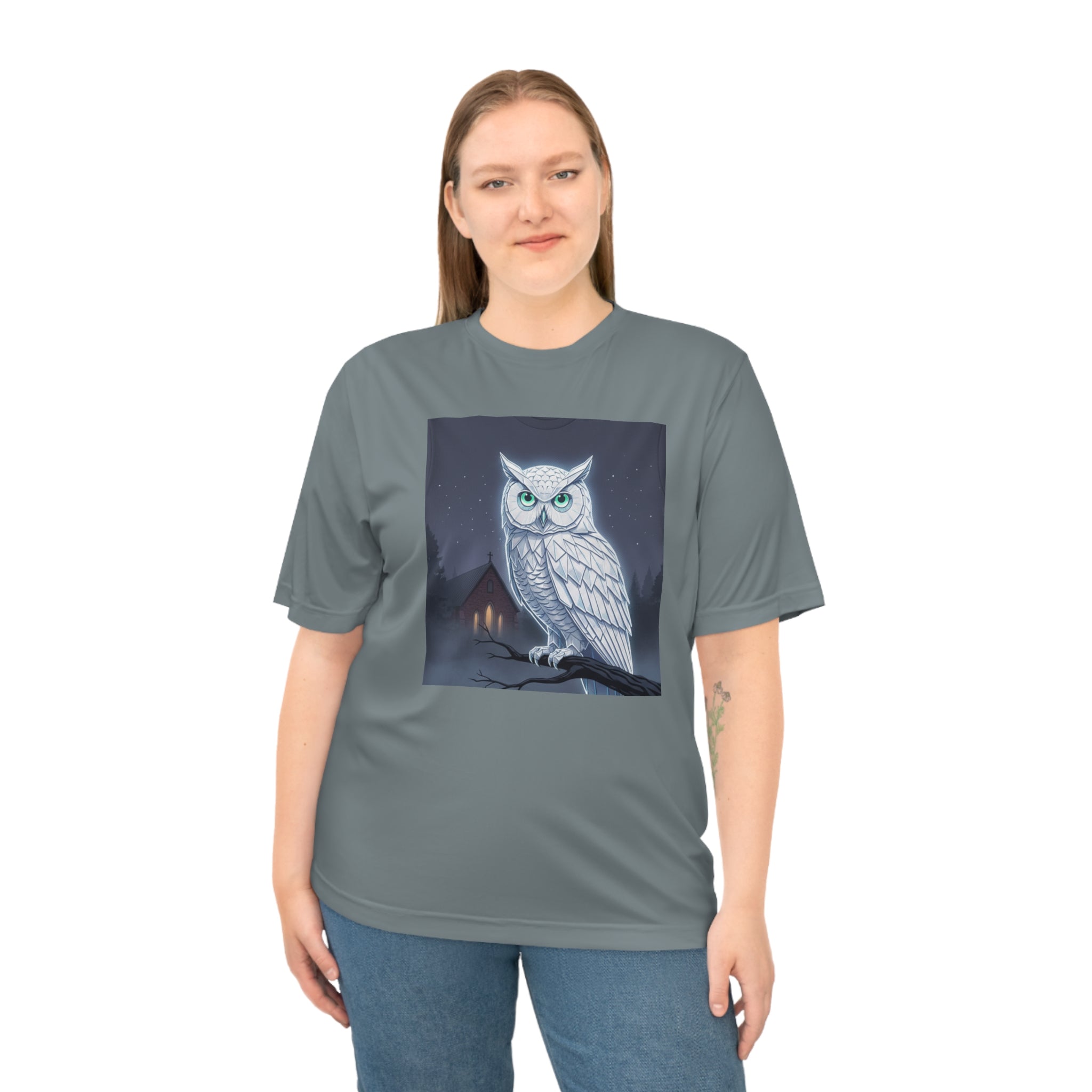 PRB White Snowy Owl Illustration T-shirt | Moonlit Night, Cabin Scene by Printify