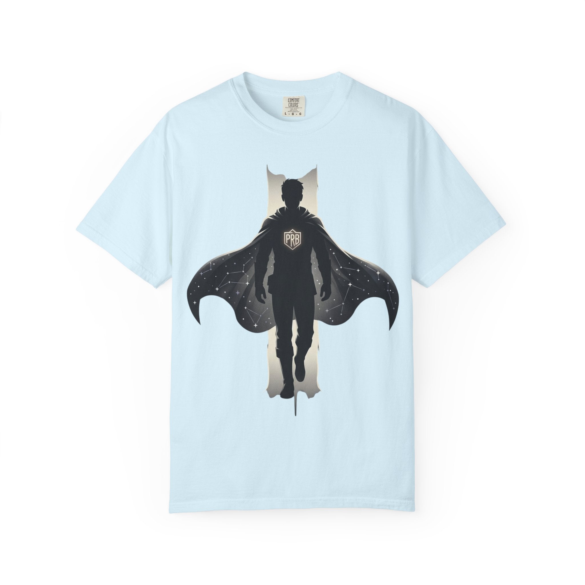 Power Runs Black Silhouette PRB Superhero with Cape T-shirt | Night Sky Emblem, Graphic Tee by Printify
