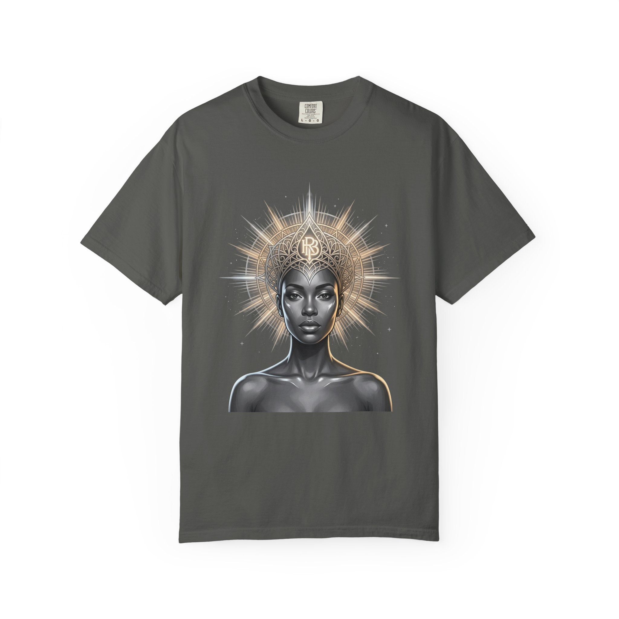 Printify PRB Goddess Halo T‑Shirt — Black Goddess Portrait with Ornate Gold Headdress - T-Shirt