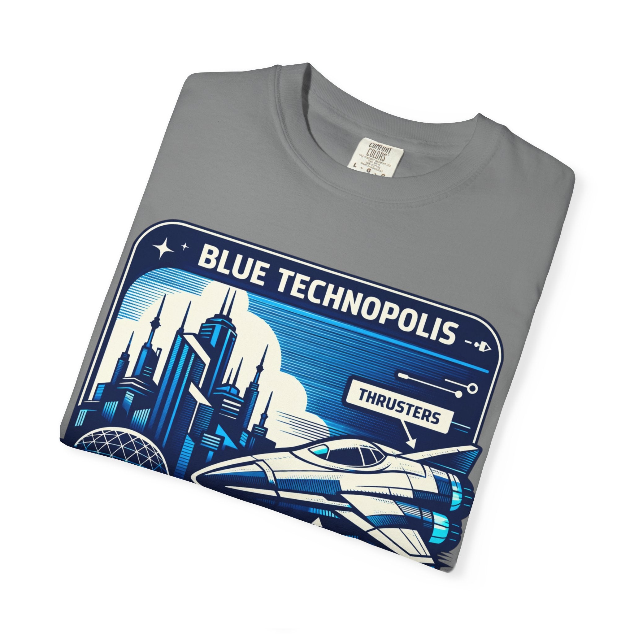 Power Runs Black PRB Technopolis Spacecraft T-Shirt — Blue Technopolis Retro Sci‑Fi Tee by Power Runs Black