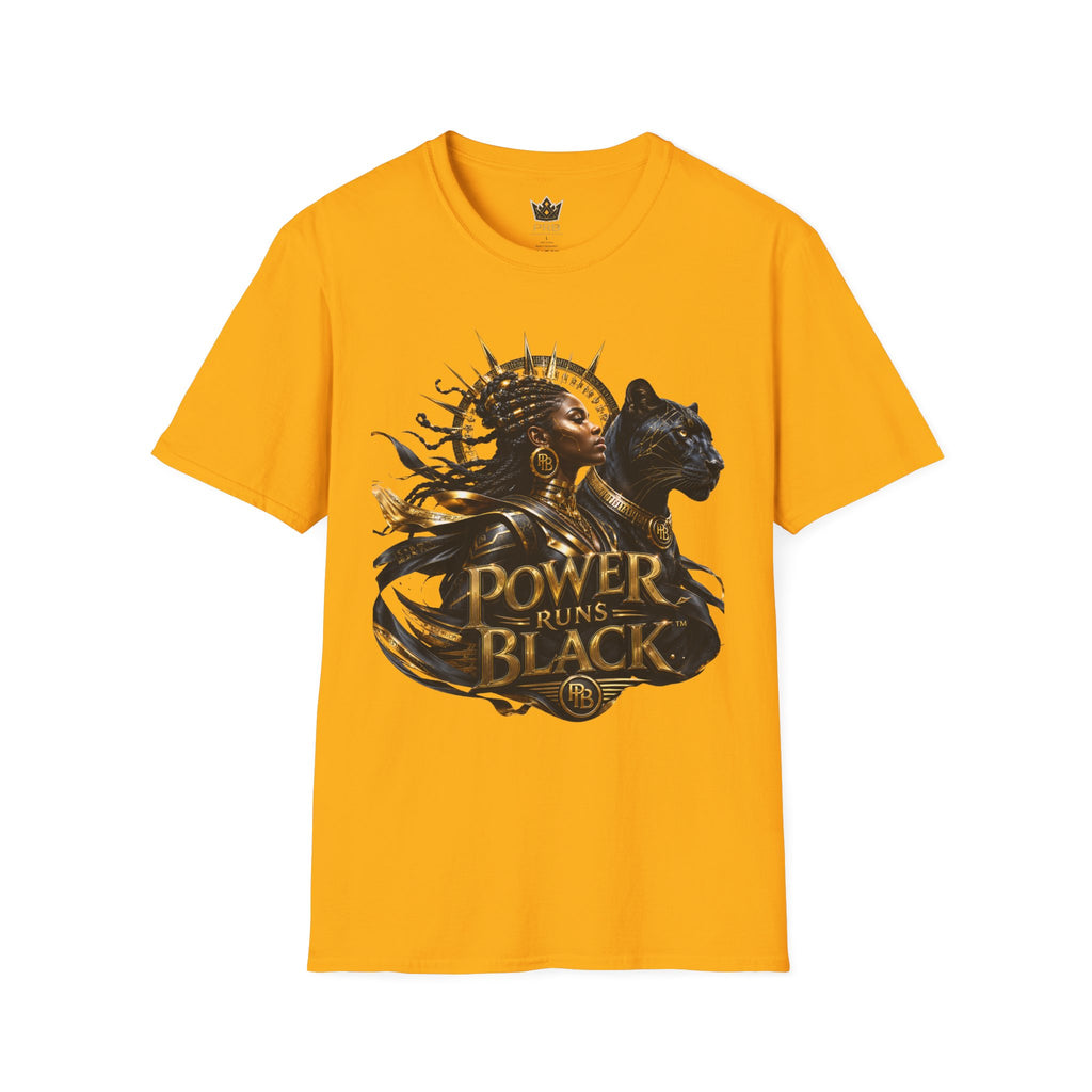 Power Runs Black PRB | Black Woman Portrait, Gold Accents Panther Graphics T by Power Runs Black