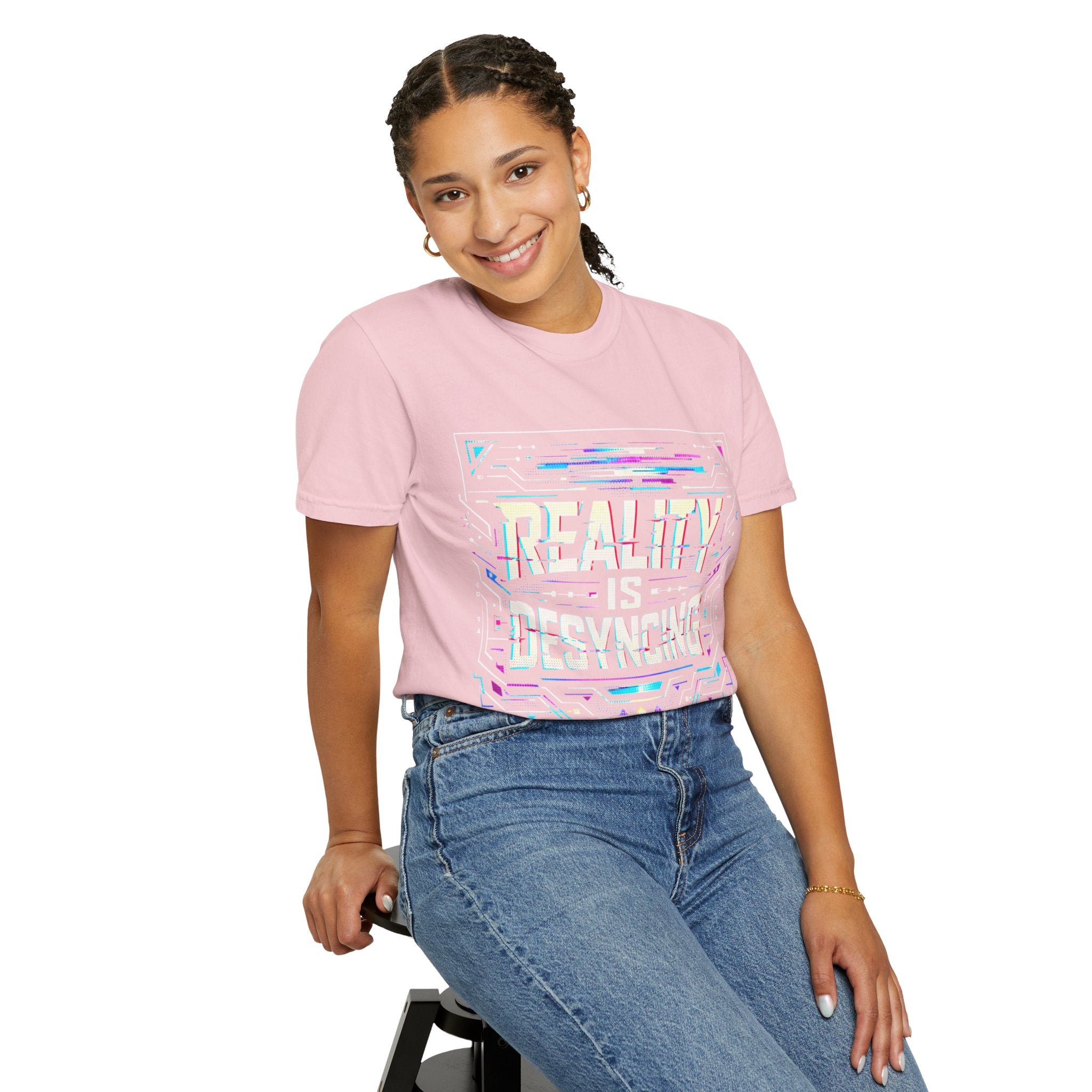 Power Runs Black PRB Glitchy Pastel "Reality Is Desyncing" T-Shirt by Printify