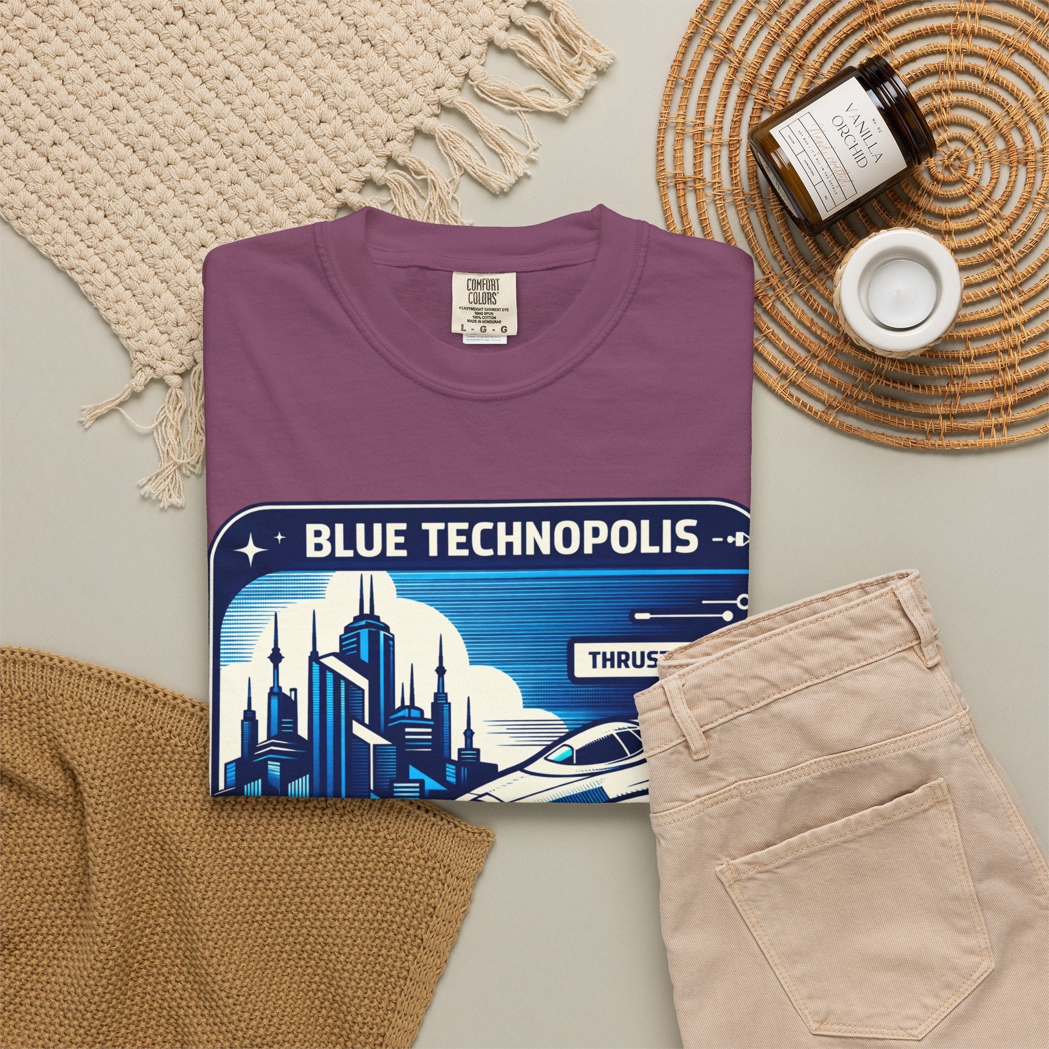 Power Runs Black PRB Technopolis Spacecraft T-Shirt — Blue Technopolis Retro Sci‑Fi Tee by Printify