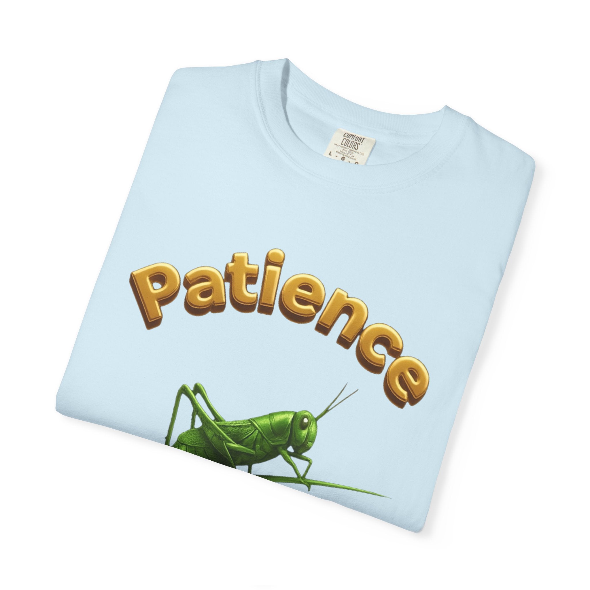 PRB Patience Grasshopper T-shirt | Green Grasshopper Illustration, Positive Quote by Power Runs Black