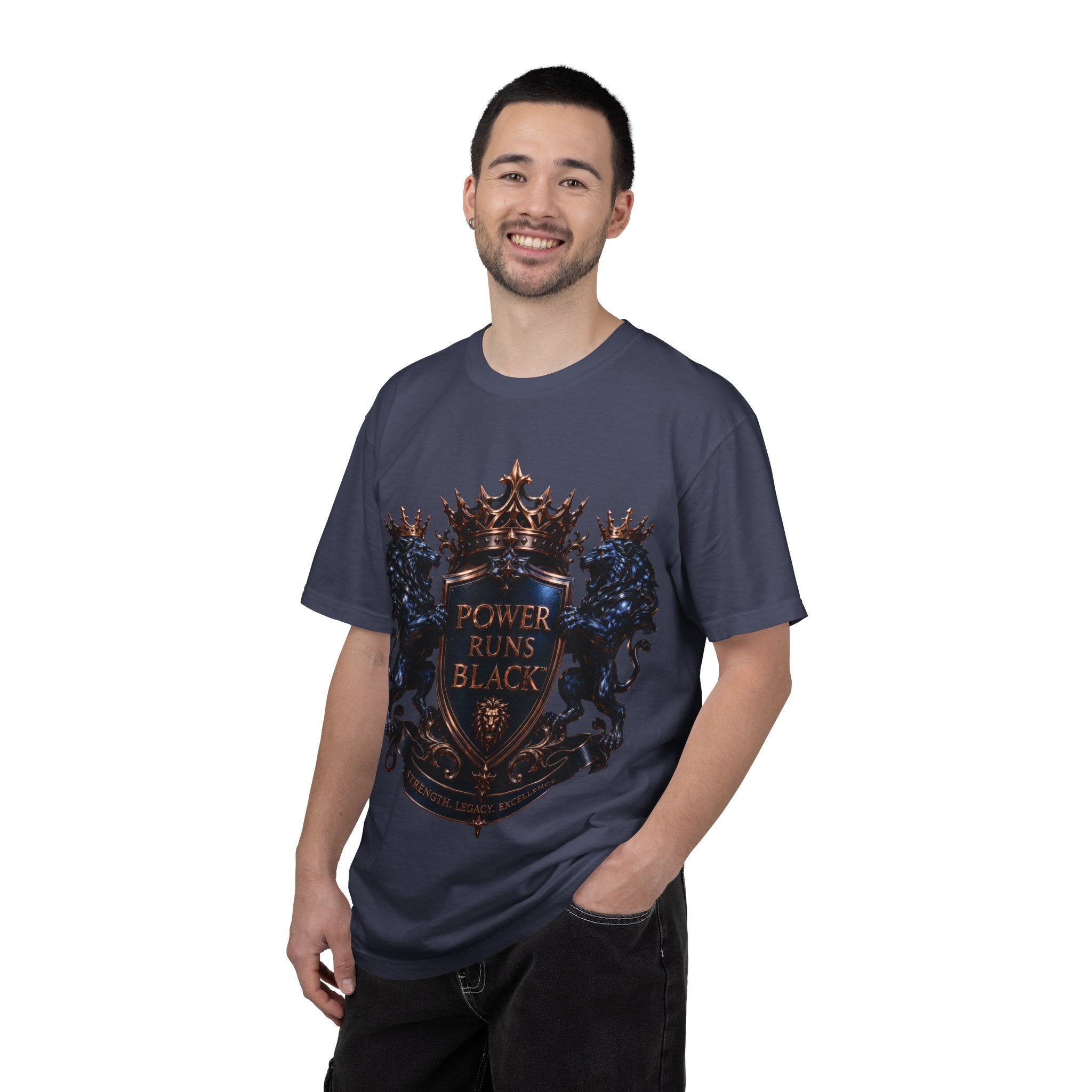 Power Runs Black Crest T-shirt | Heraldic Lion Shield Tee by Power Runs Black