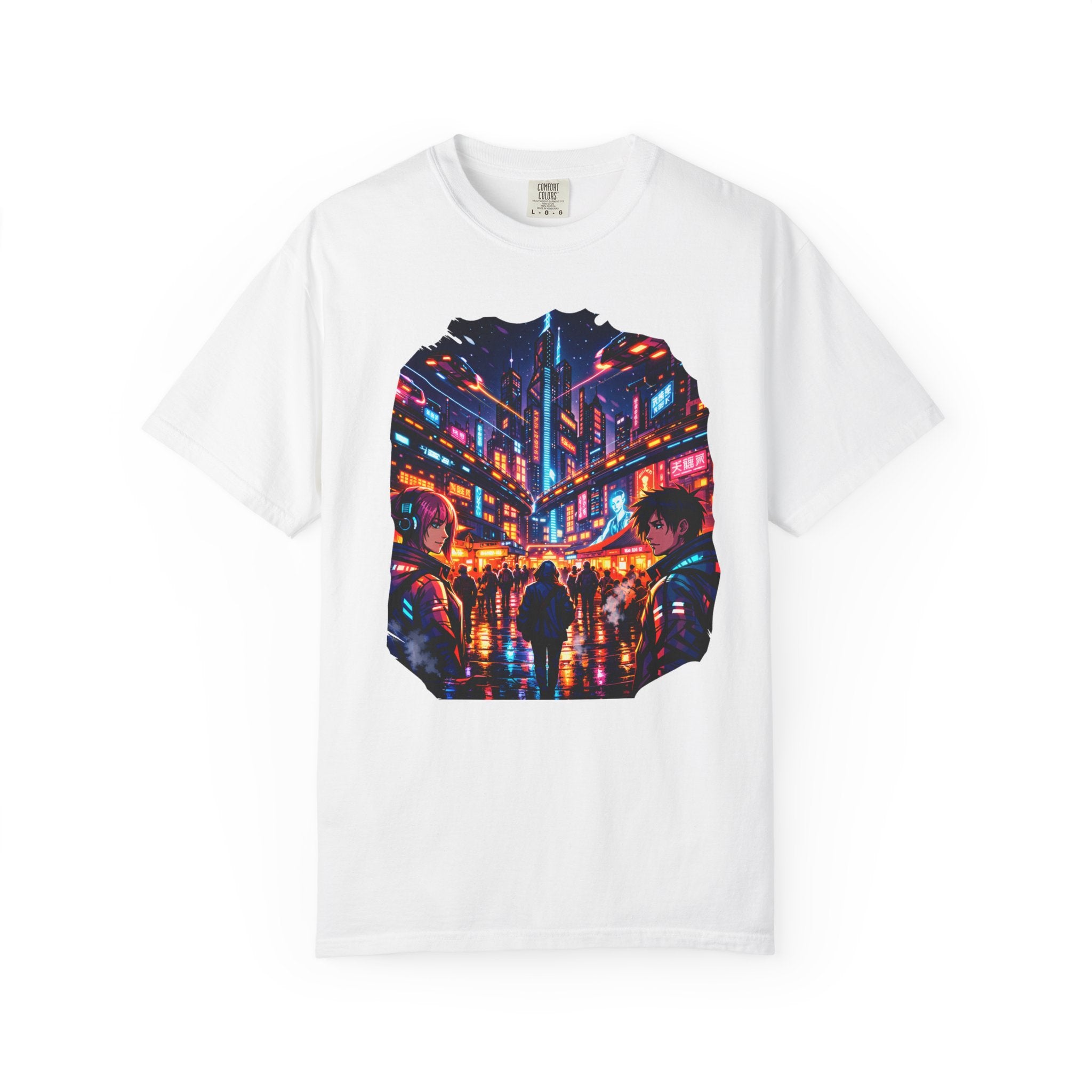 PRB Neon Cyberpunk Cityscape T-shirt | Anime Night Rain Streets by Power Runs Black