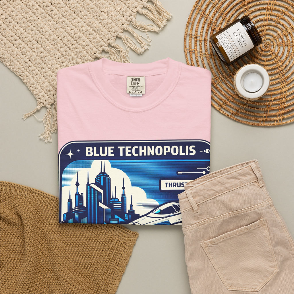 Power Runs Black PRB Technopolis Spacecraft T-Shirt — Blue Technopolis Retro Sci‑Fi Tee by Printify