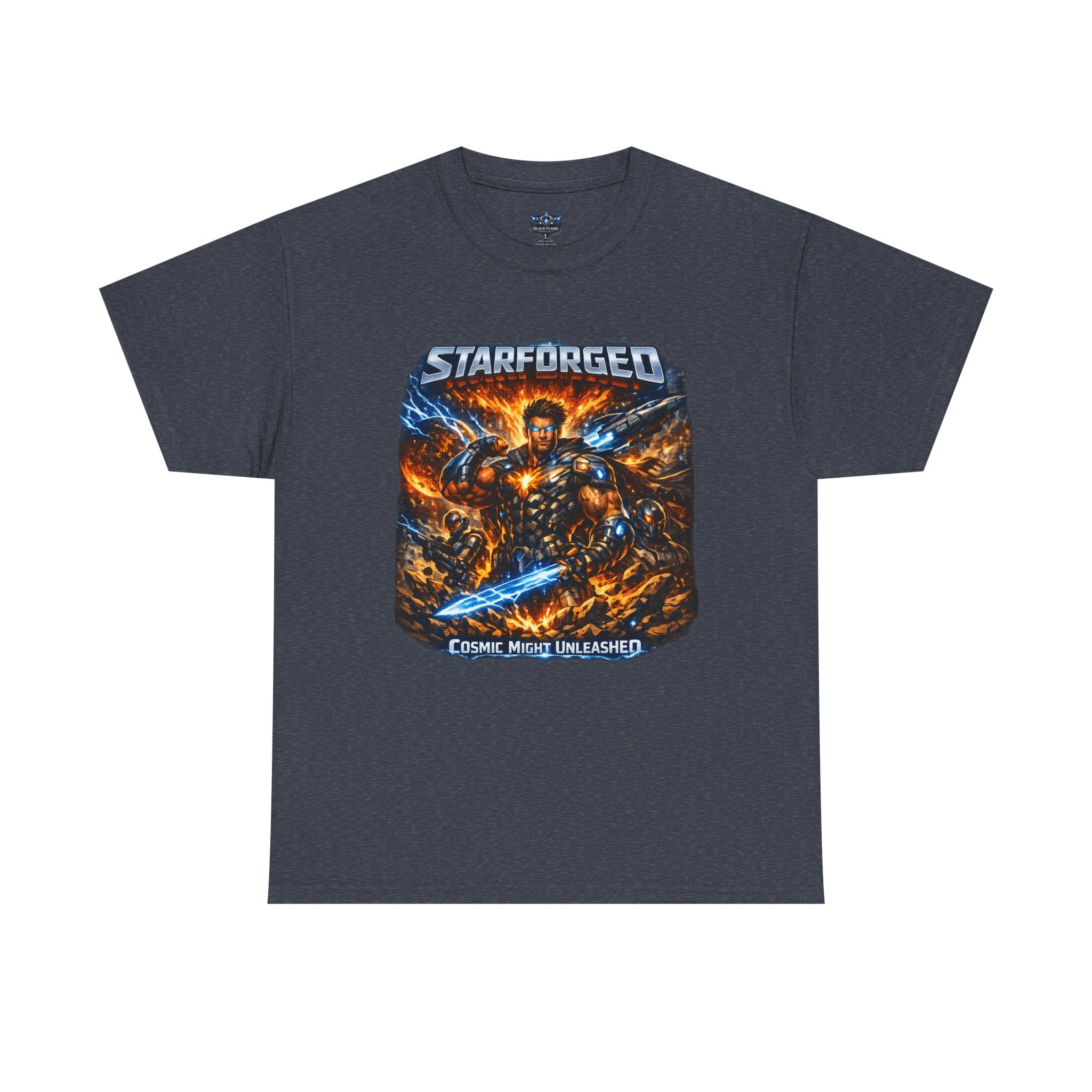 Starforged Flex : Cosmic Might Unleashed Illustration Graphic T by Power Runs Black