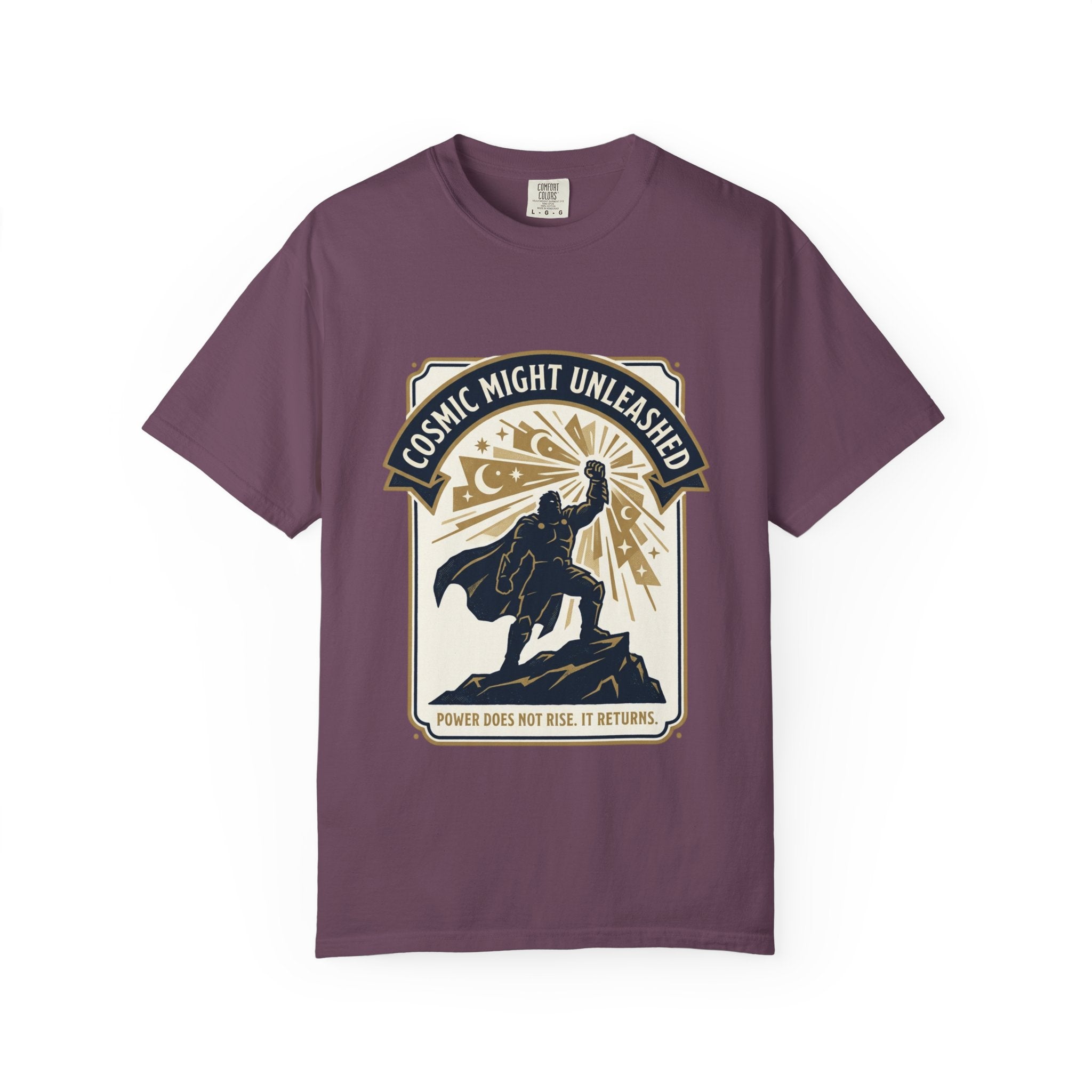 PRB Starforged Flex Cosmic Might Unleashed T-Shirt — Retro Superhero Space Graphic ('Power Does Not Rise, It Returns') by Power Runs Black