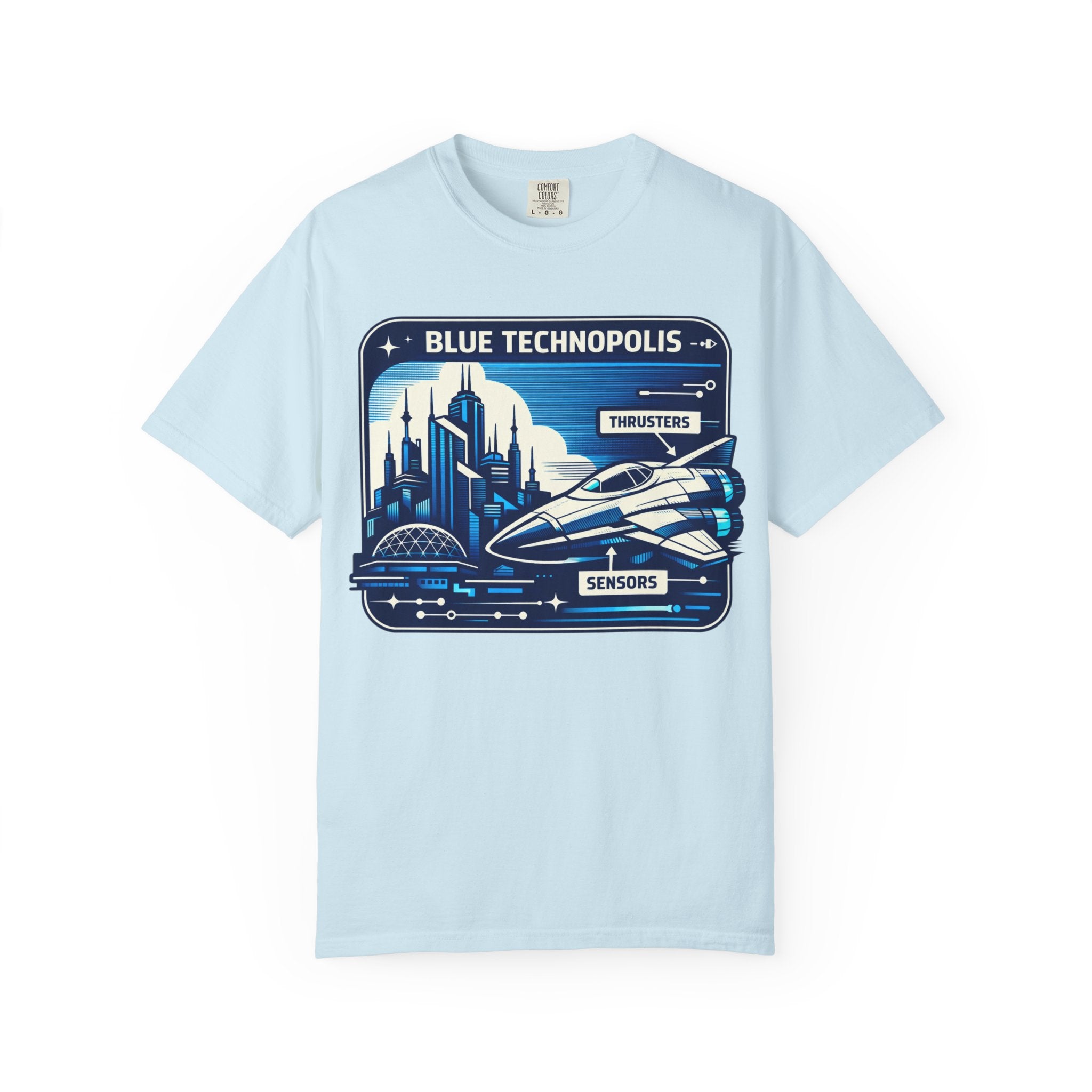 Power Runs Black PRB Technopolis Spacecraft T-Shirt — Blue Technopolis Retro Sci‑Fi Tee by Power Runs Black