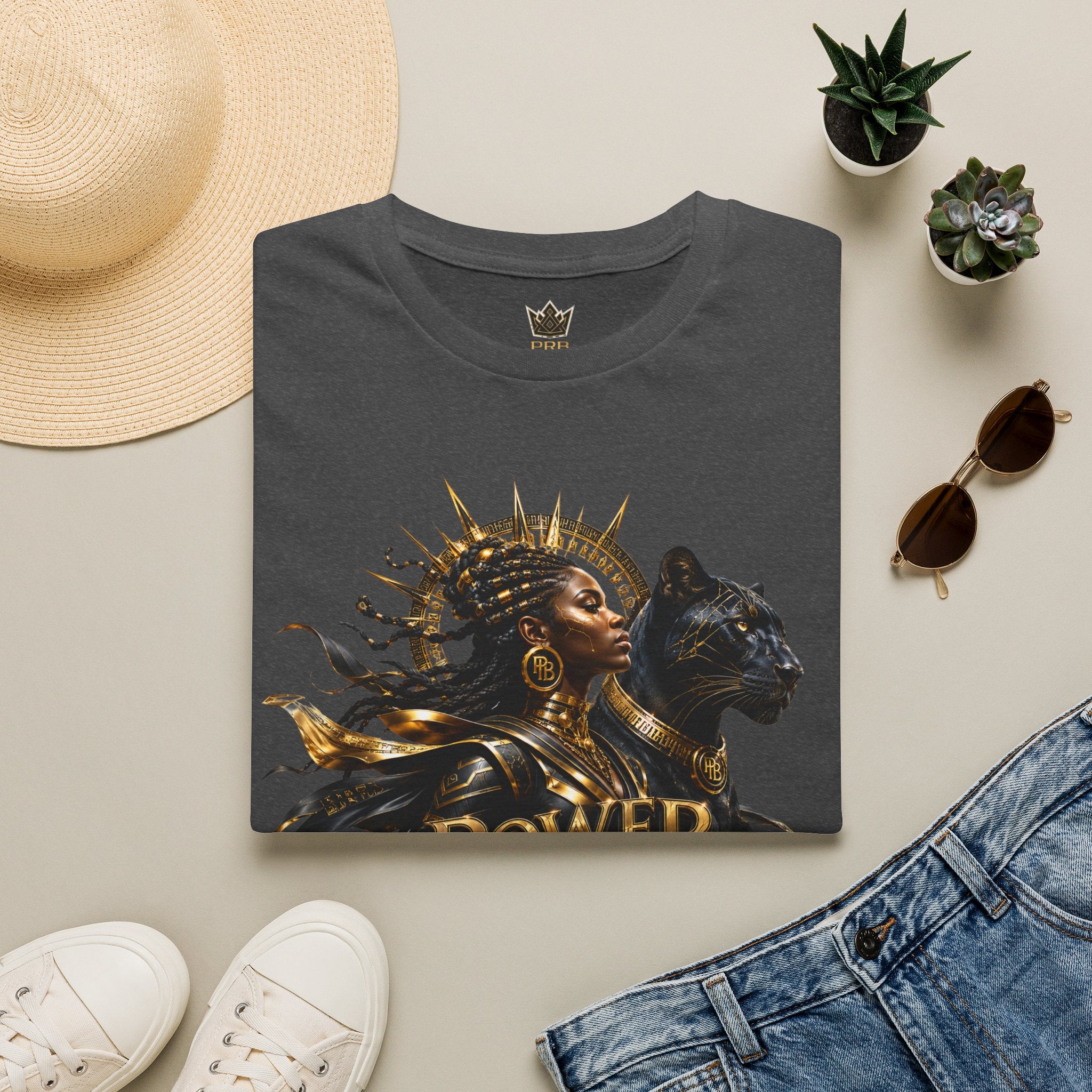 Power Runs Black PRB | Black Woman Portrait, Gold Accents Panther Graphics T by Printify