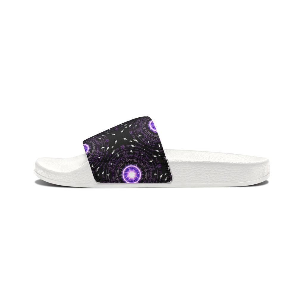 Power Runs Black Men's Removable-Strap Slide Sandals — Purple Cosmic Mandala Pattern by Power Runs Black