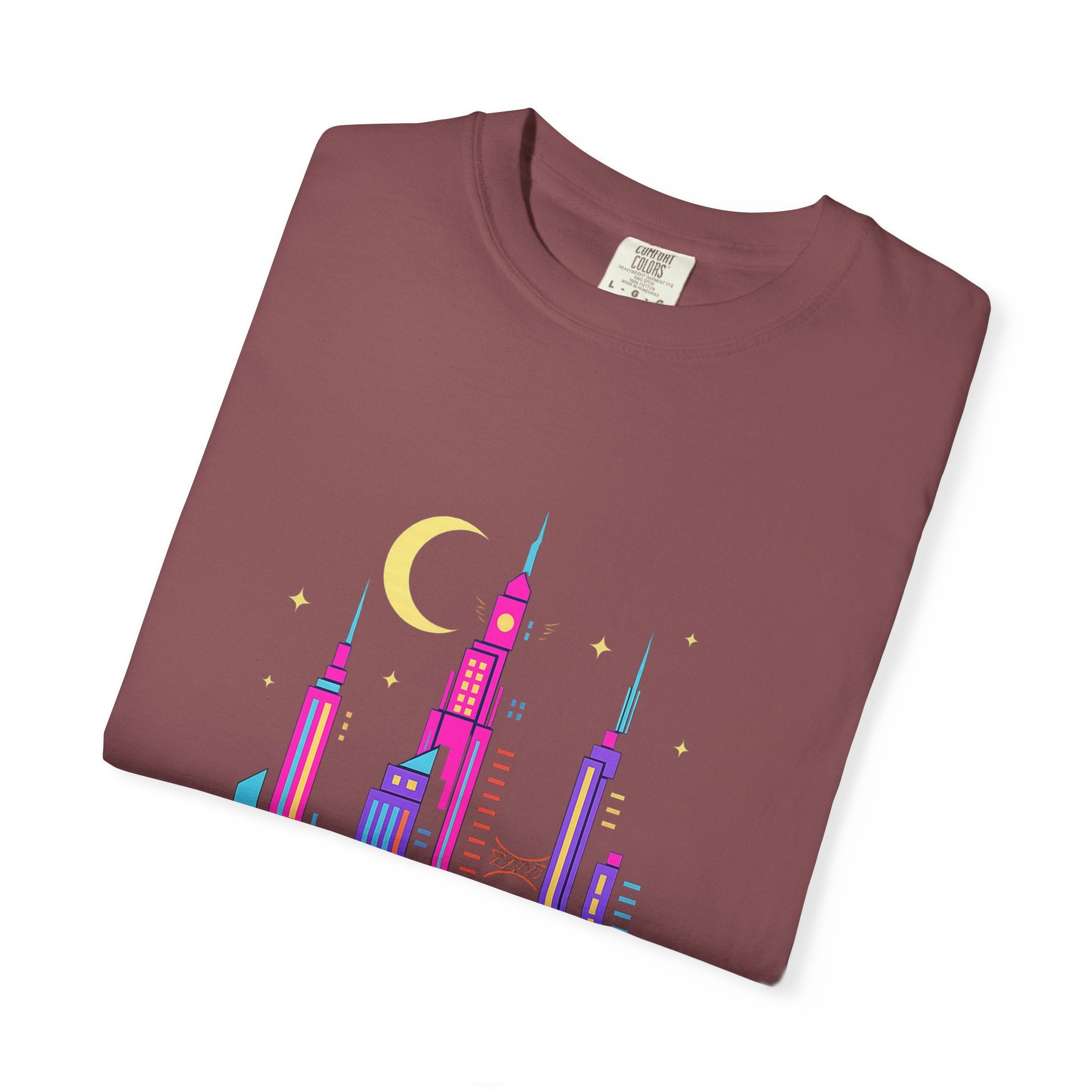 Power Runs Black PRB Neon City Skyline T-shirt | Vibrant Urban Nightscape Tee by Printify