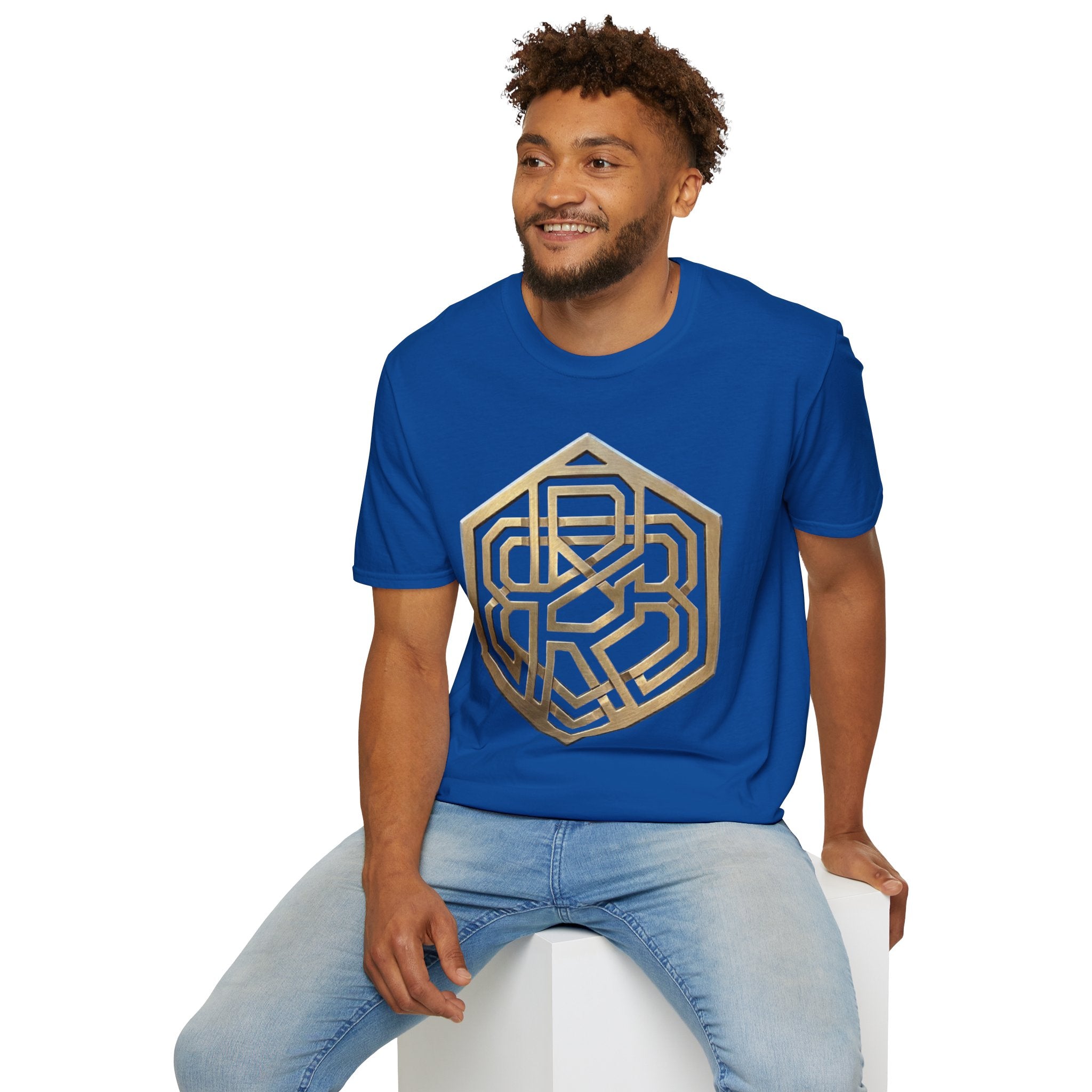 Power Runs Black PRB Geometric Gold Hexagon T-Shirt — Modern Maze Logo Tee by Printify