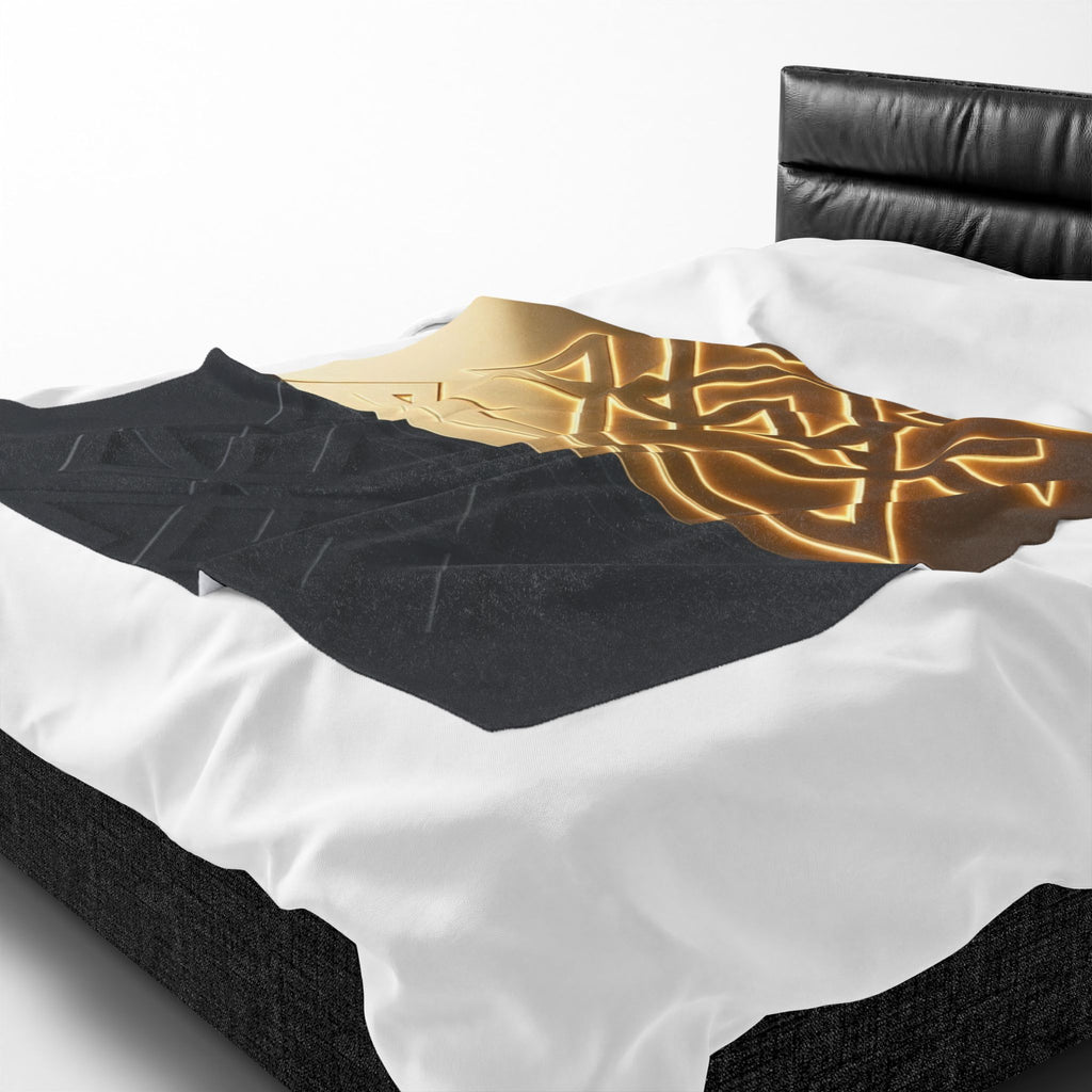 Power Runs Black PRB Velveteen Plush Blanket — Geometric Gold & Black Nordic Rune Throw by Power Runs Black