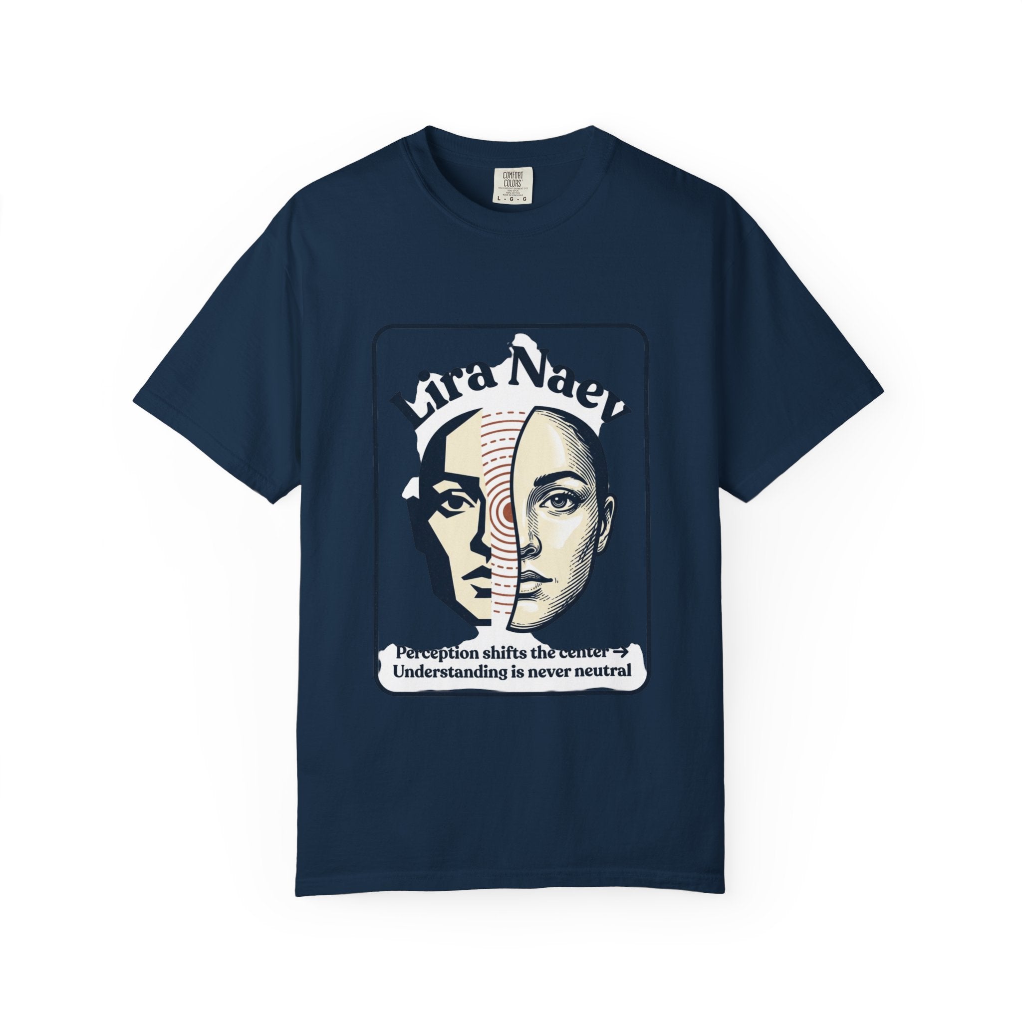 Power Runs Black PRB Lira Naev Split-Face Graphic T-Shirt — “Perception shifts the center” Statement Tee by Power Runs Black