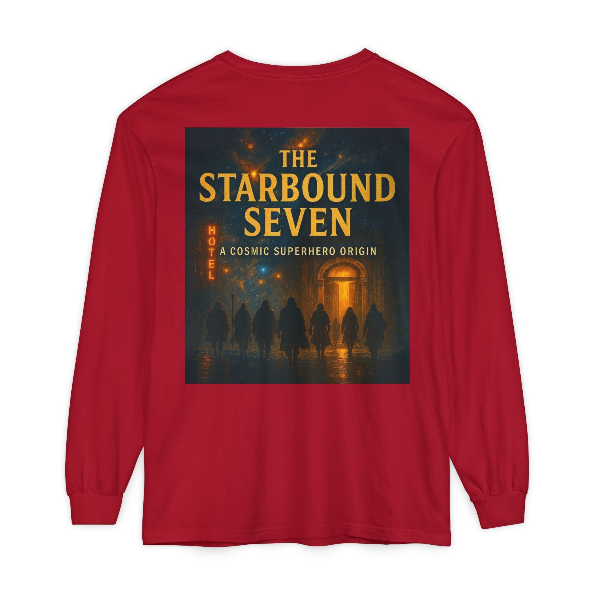 PRB The Starbound Seven graphic long sleeve shirt | cosmic superhero poster by Power Runs Black