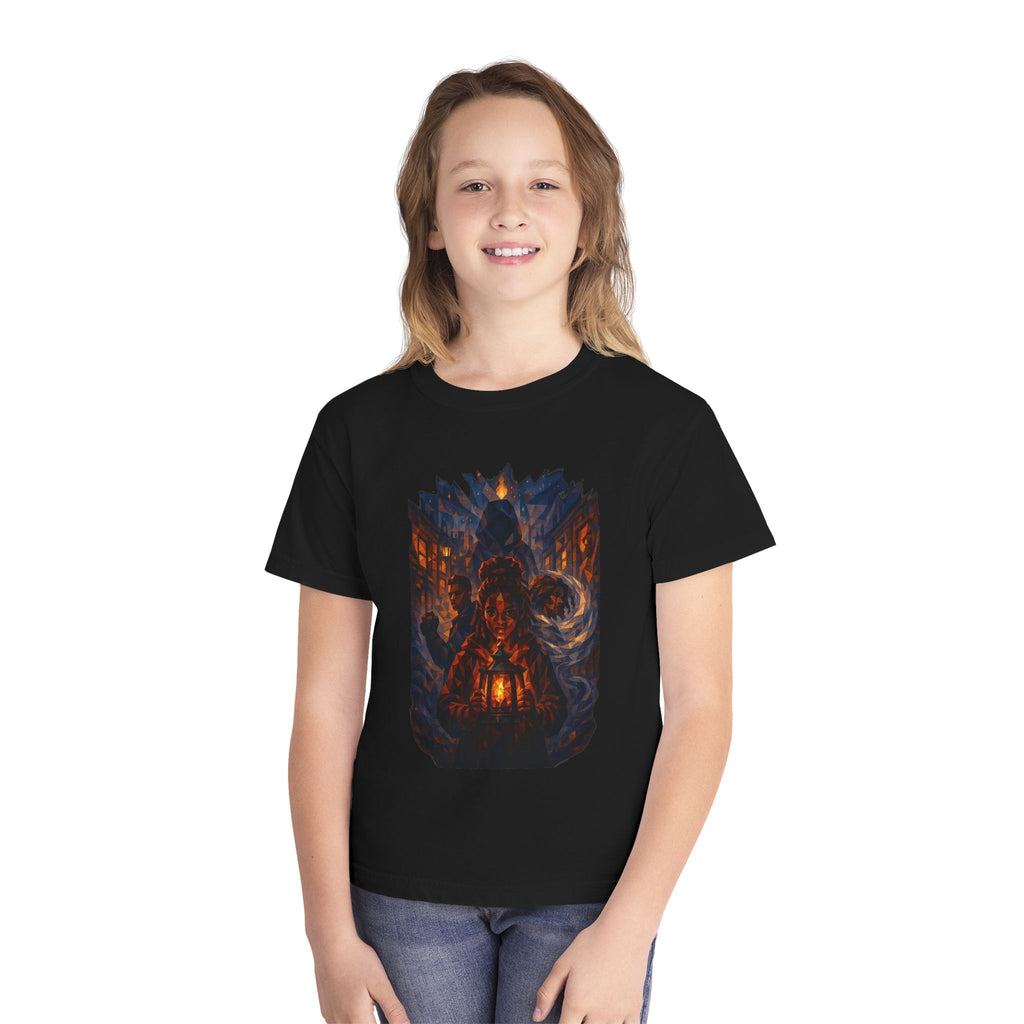 Power Runs Black PRB Youth Tee - Haunted Lantern Fantasy Forest Graphic by Printify