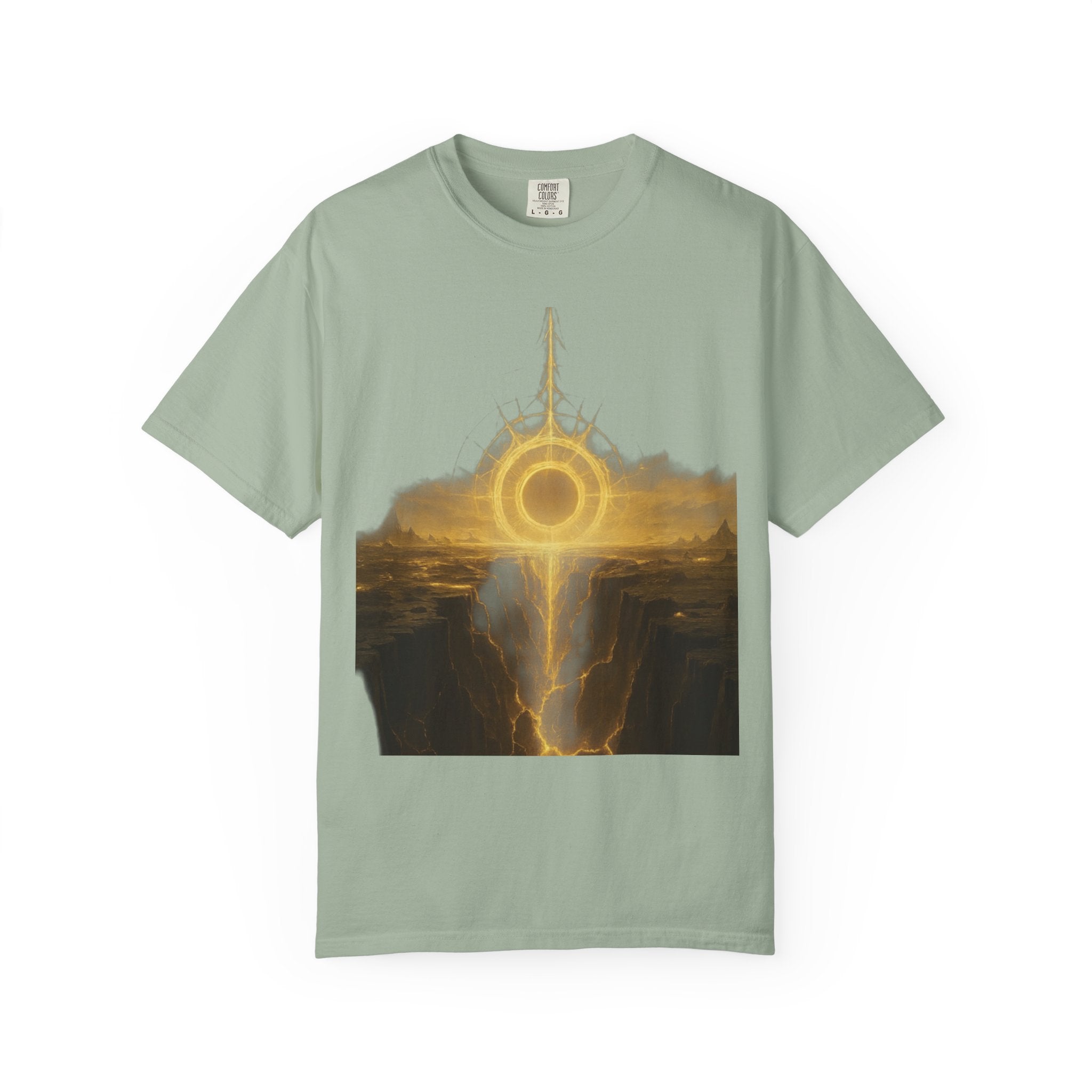 Power Runs Black PRB Golden Eclipse Portal T-shirt | Fantasy Landscape, Mystic Ring, Tower Art by Power Runs Black