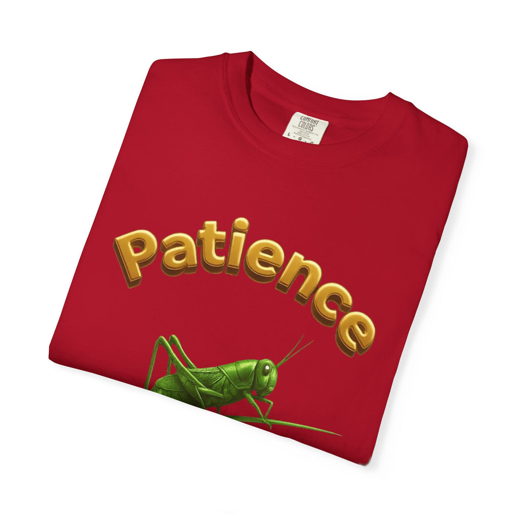 PRB Patience Grasshopper T-shirt | Green Grasshopper Illustration, Positive Quote by Printify