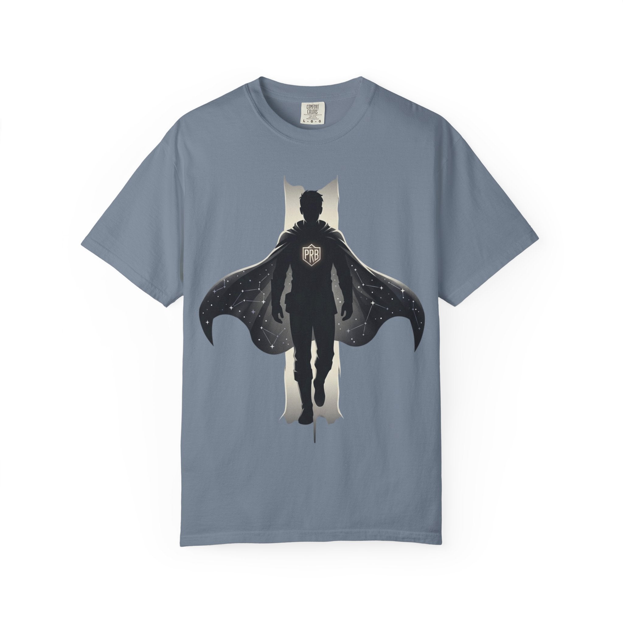 Power Runs Black Silhouette PRB Superhero with Cape T-shirt | Night Sky Emblem, Graphic Tee by Printify