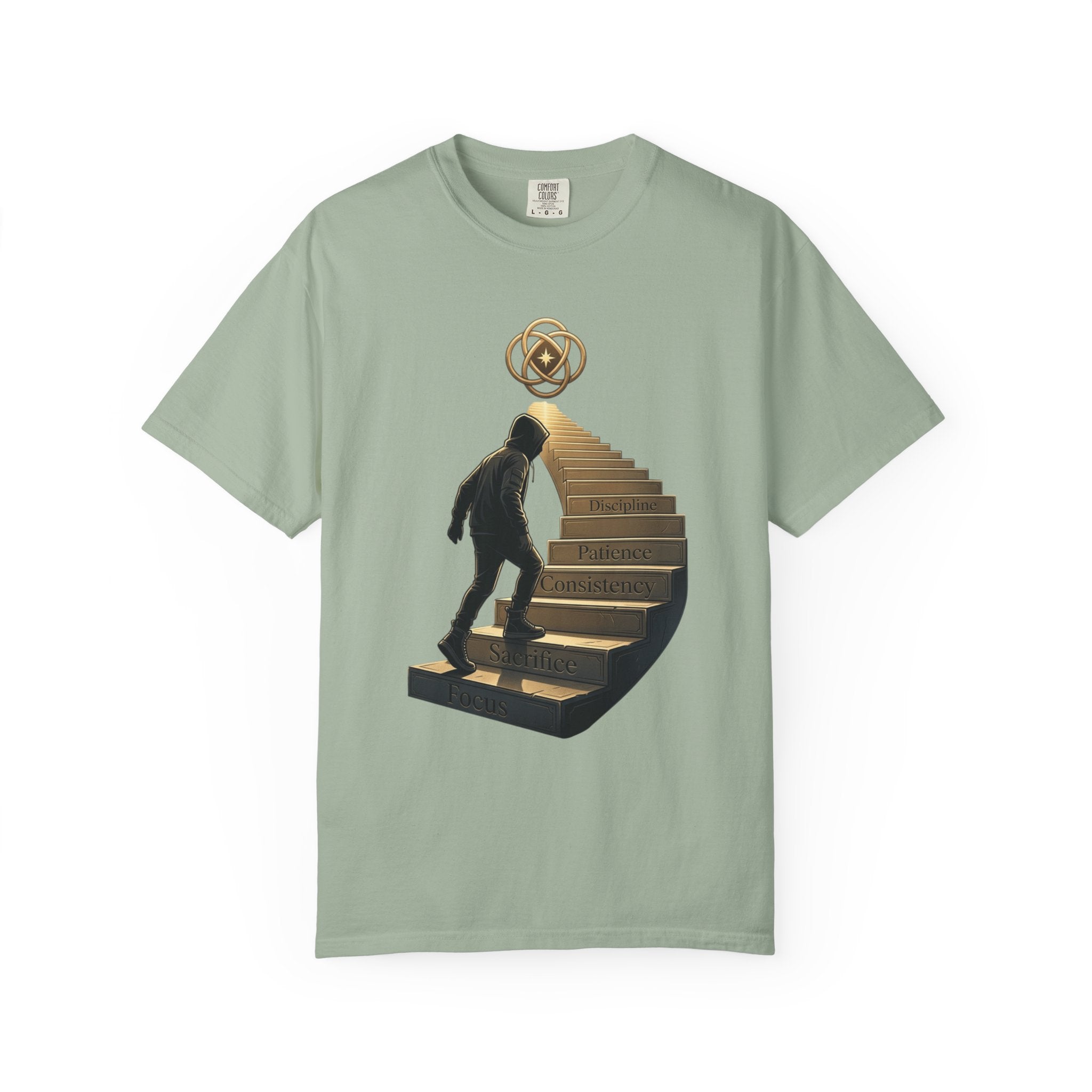Printify PRB Stairway of Growth T-Shirt | Person Ascending Steps with Symbols - T-Shirt