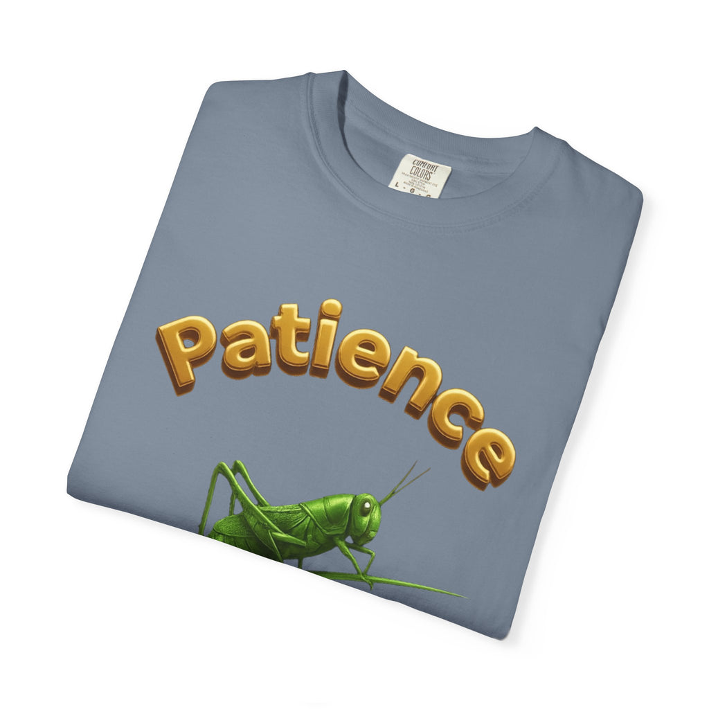 PRB Patience Grasshopper T-shirt | Green Grasshopper Illustration, Positive Quote by Power Runs Black
