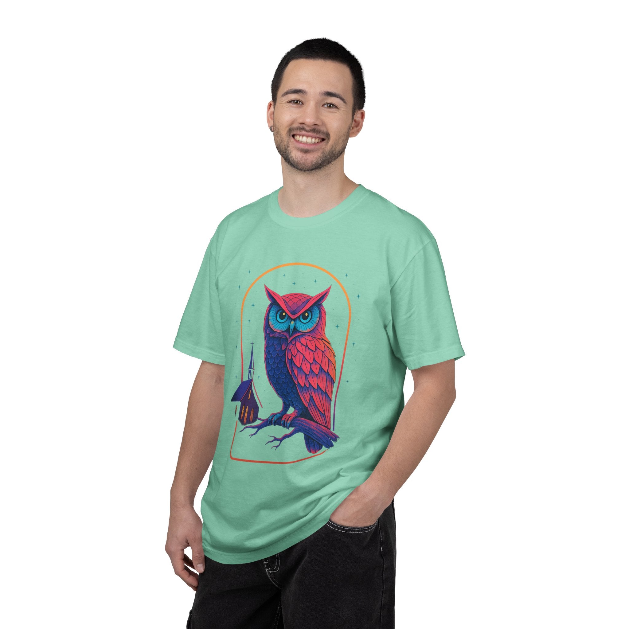 PRB Neon Owl Illustration T-Shirt | Night Church Graphic Tee by Power Runs Black