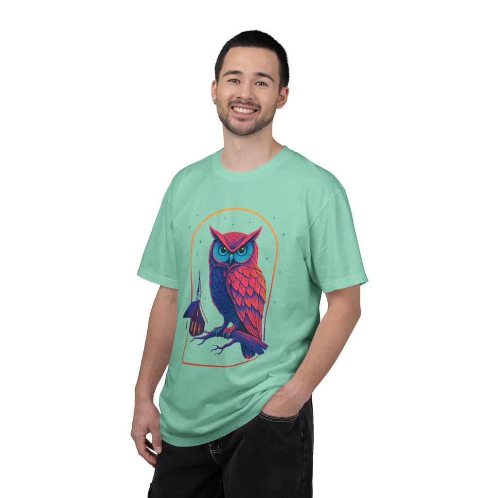 Power Runs Black PRB Neon Owl Illustration T-Shirt | Night Church Graphic Tee by Power Runs Black