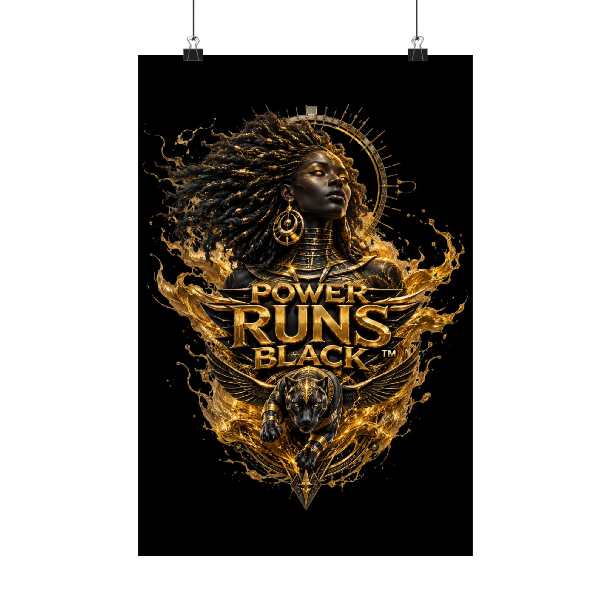 Power Runs Black Matte Poster — Afrocentric Gold Goddess Wall Art by Power Runs Black