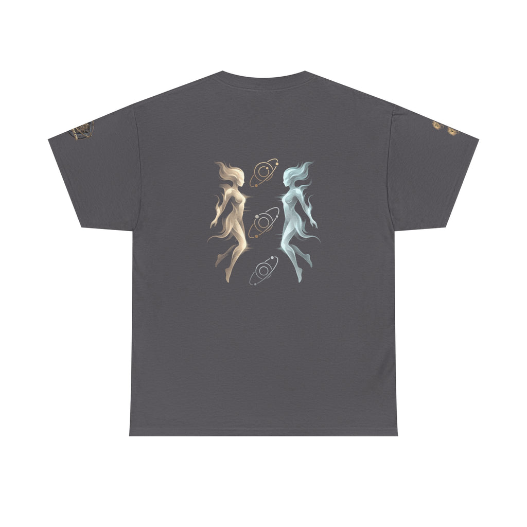 Power Runs Black Gemini Spirit Tee — Twin Sun & Moon Celestial Graphic T-Shirt by Printify