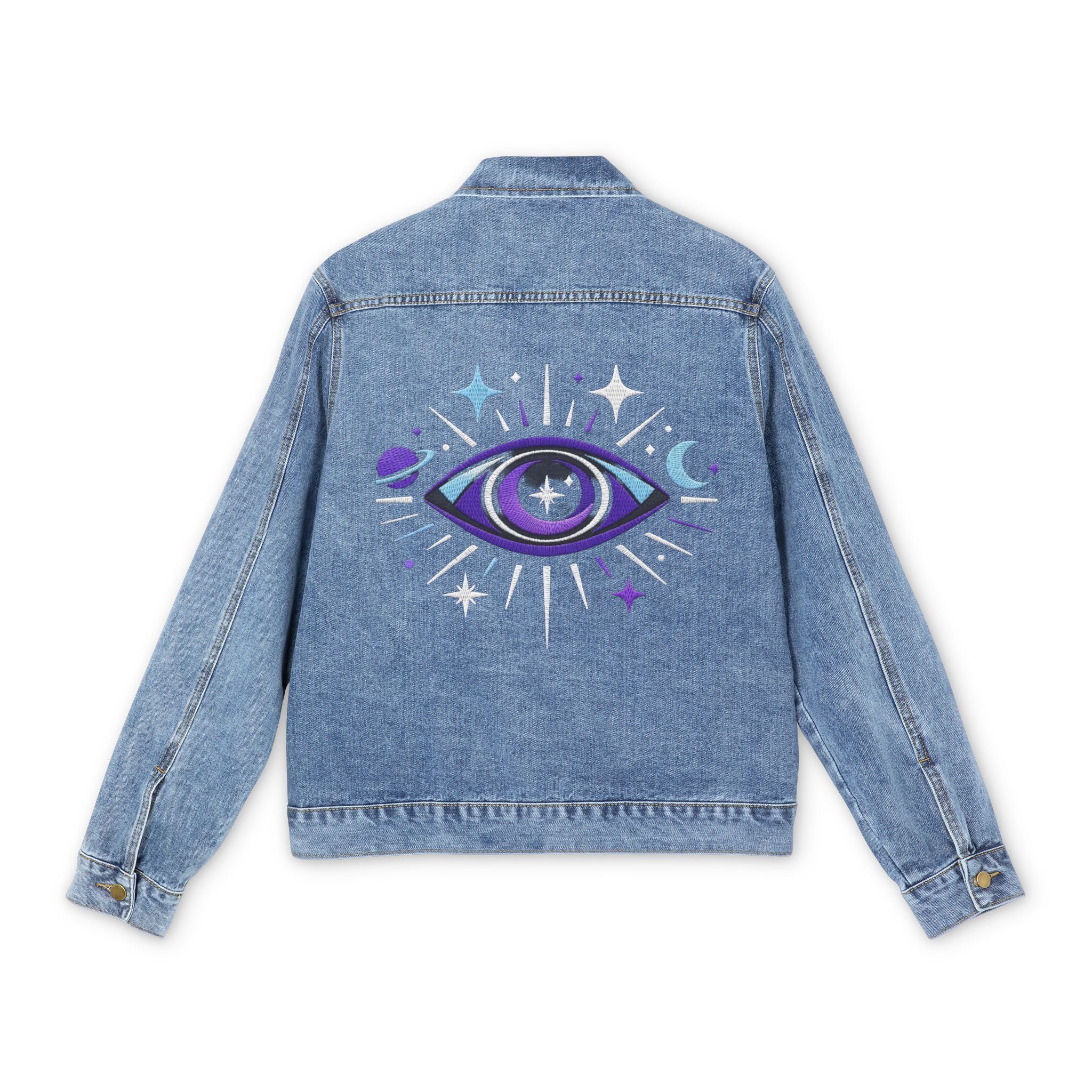 Power Runs Black PRB Cosmic All-Seeing Eye Men's Denim Jacket | Space, Stars, Moon by Power Runs Black