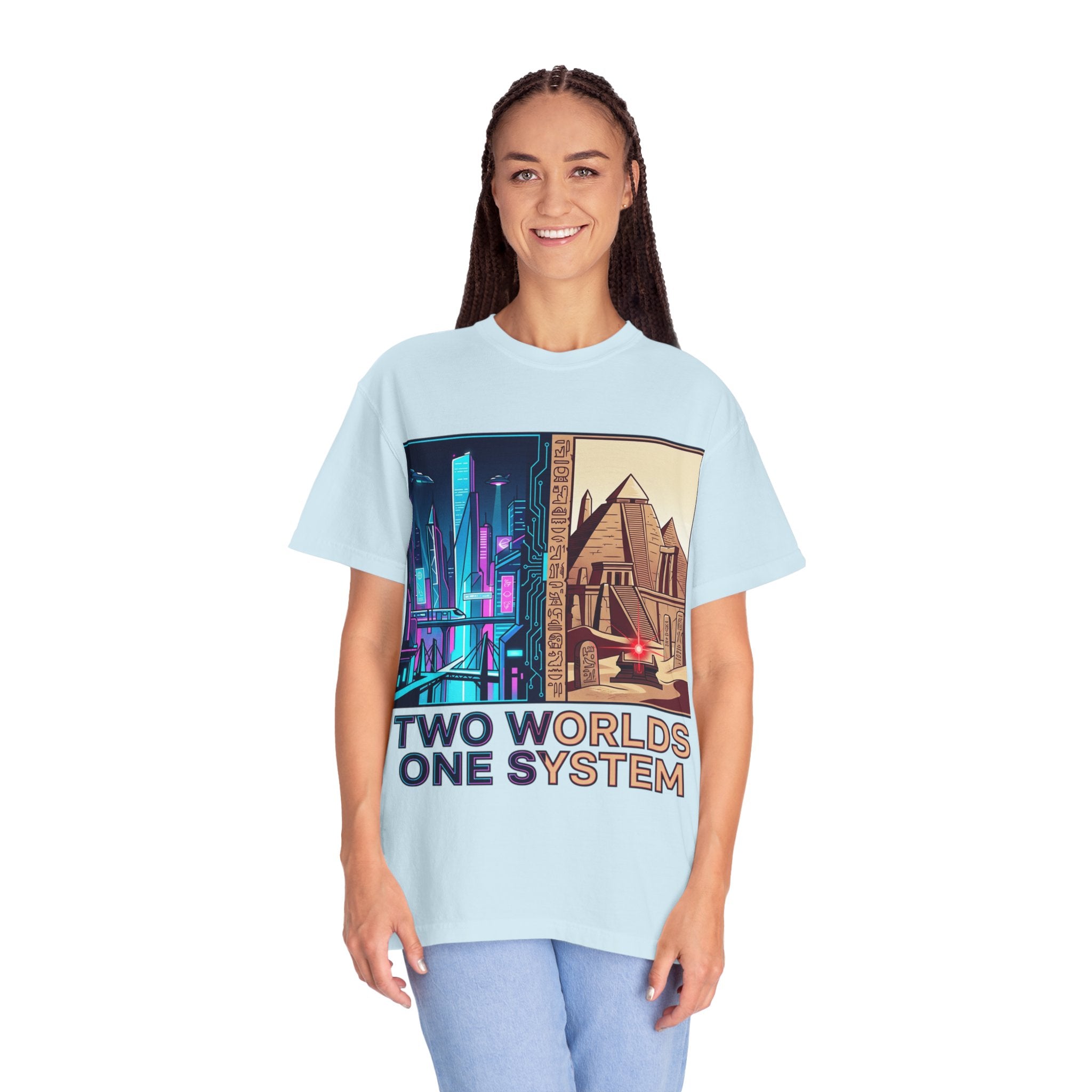 Power Runs Black PRB Blue Technopolis/ Red Dominion Two Worlds One System T-Shirt by Power Runs Black