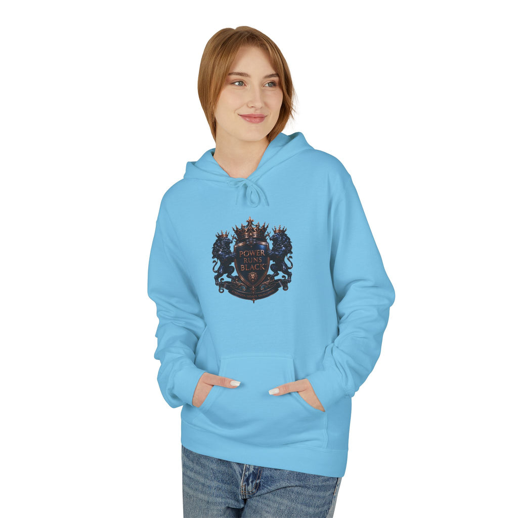 Power Runs Black crest hoodie | medieval shield with lions and wings by Power Runs Black