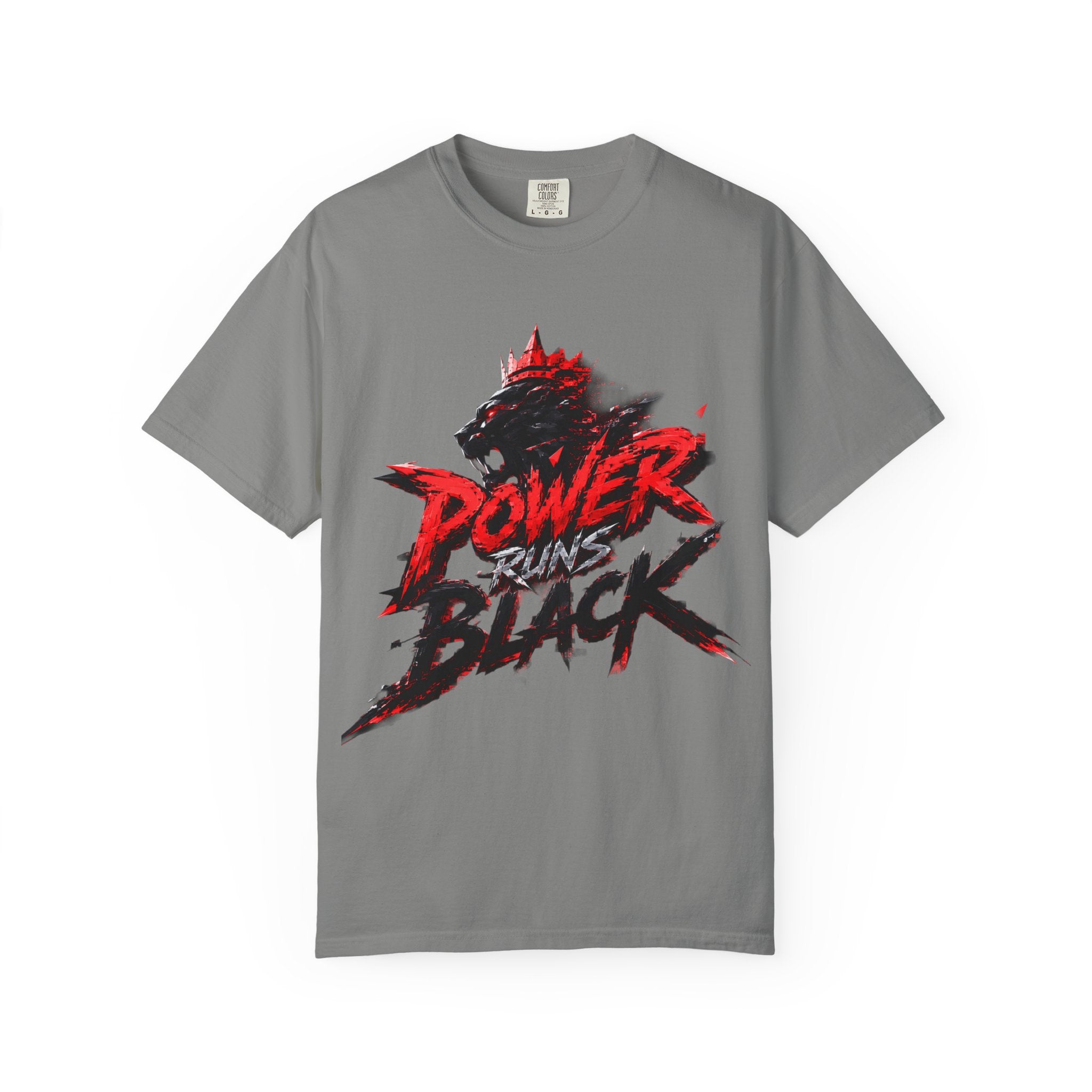 Power Runs Black T-shirt | Wolf Silhouette, Red Black Graphic Tee by Power Runs Black