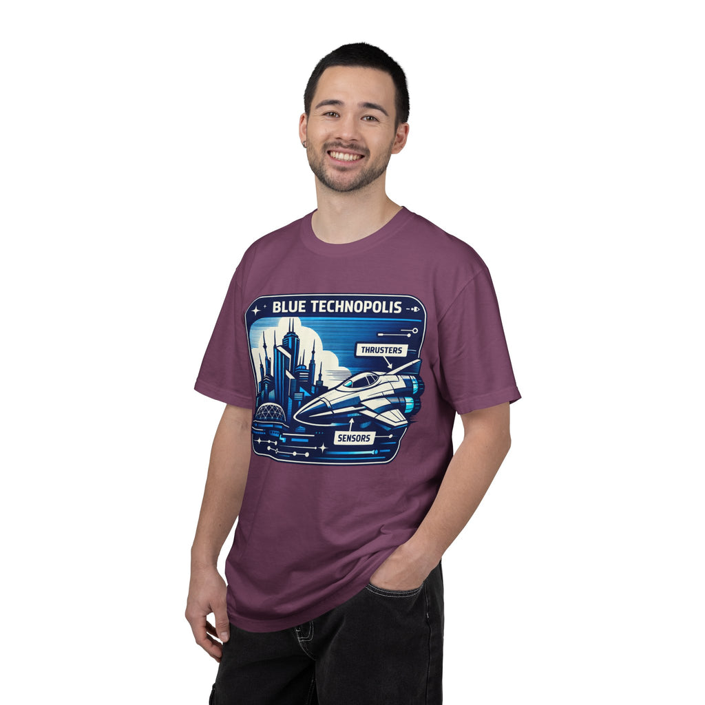 Power Runs Black PRB Technopolis Spacecraft T-Shirt — Blue Technopolis Retro Sci‑Fi Tee by Printify