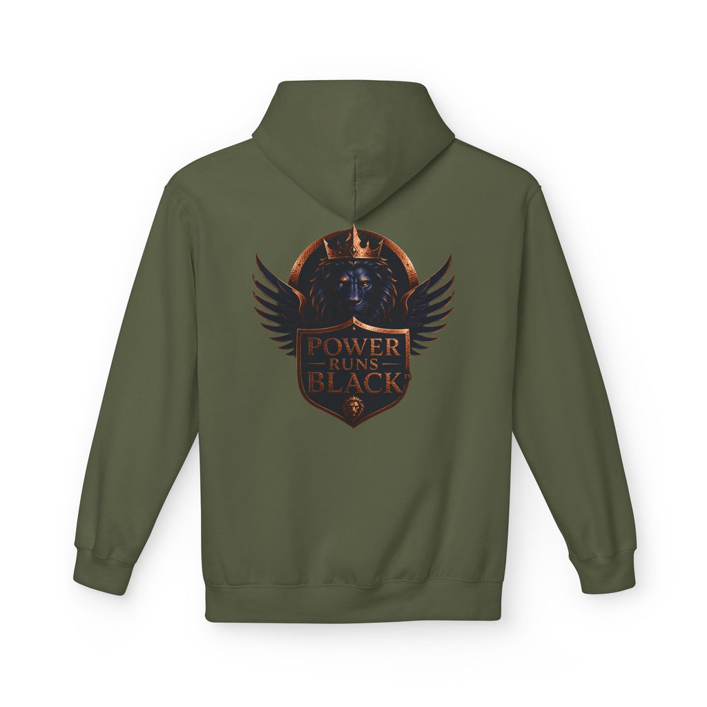 Power Runs Black crest hoodie | medieval shield with lions and wings by Power Runs Black