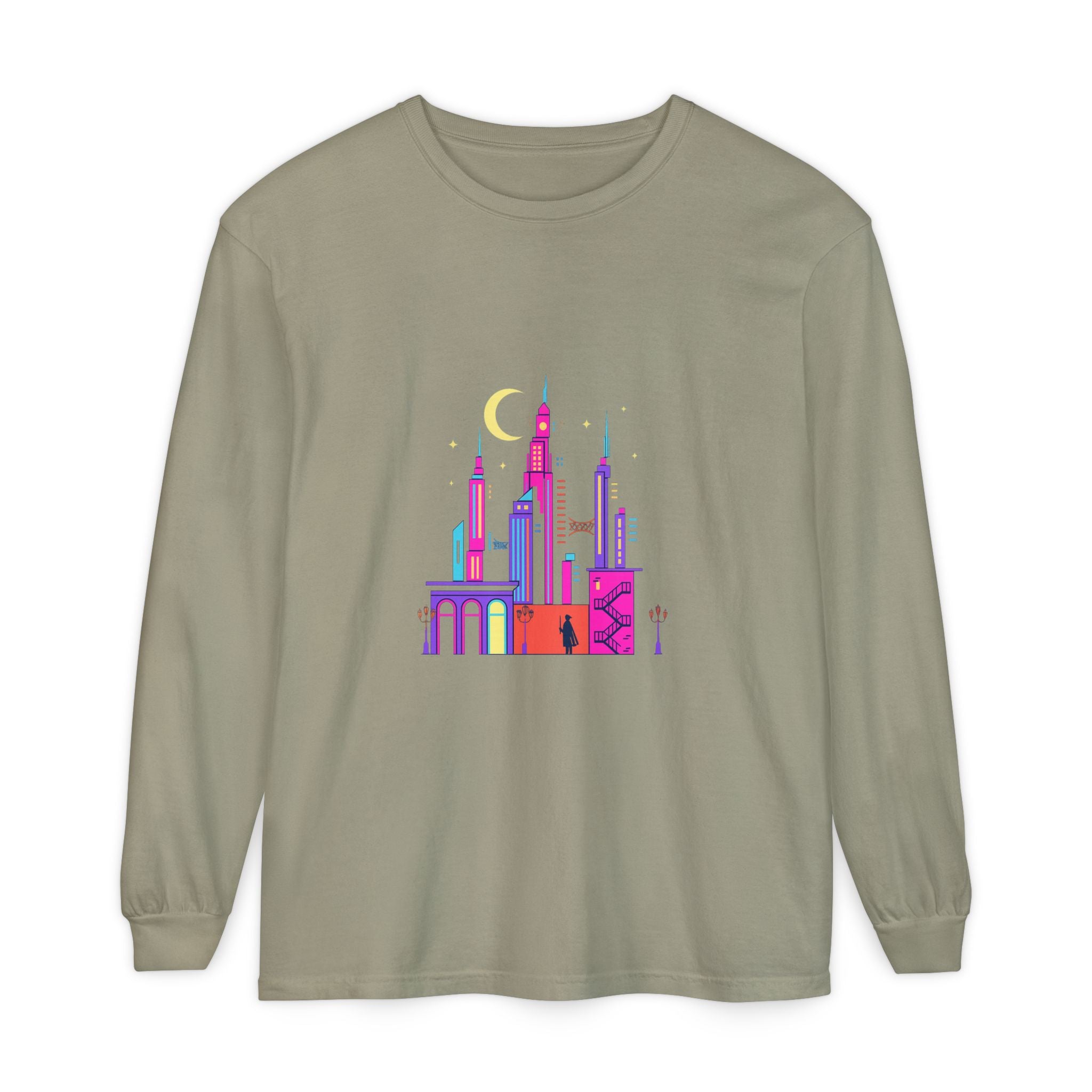PRB Neon City Skyline Long Sleeve Shirt | Urban Nightscape Illustration by Power Runs Black