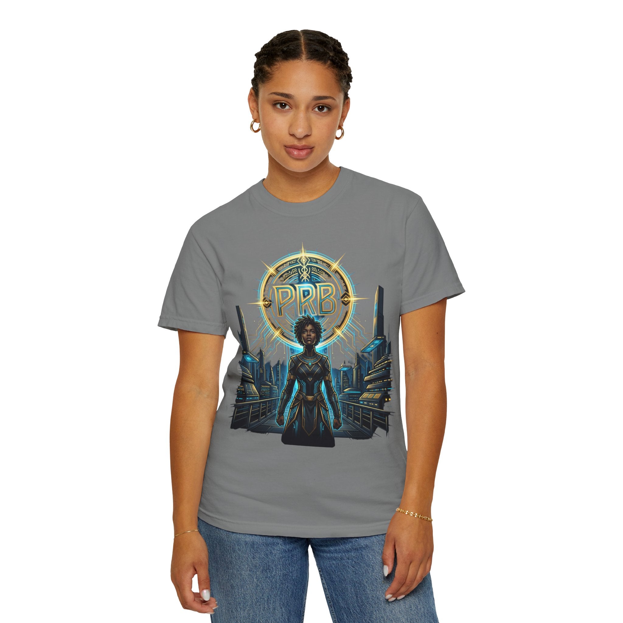Futuristic Warrior Afrofuturist Graphic T-Shirt | Sci-Fi Streetwear Tee by Printify