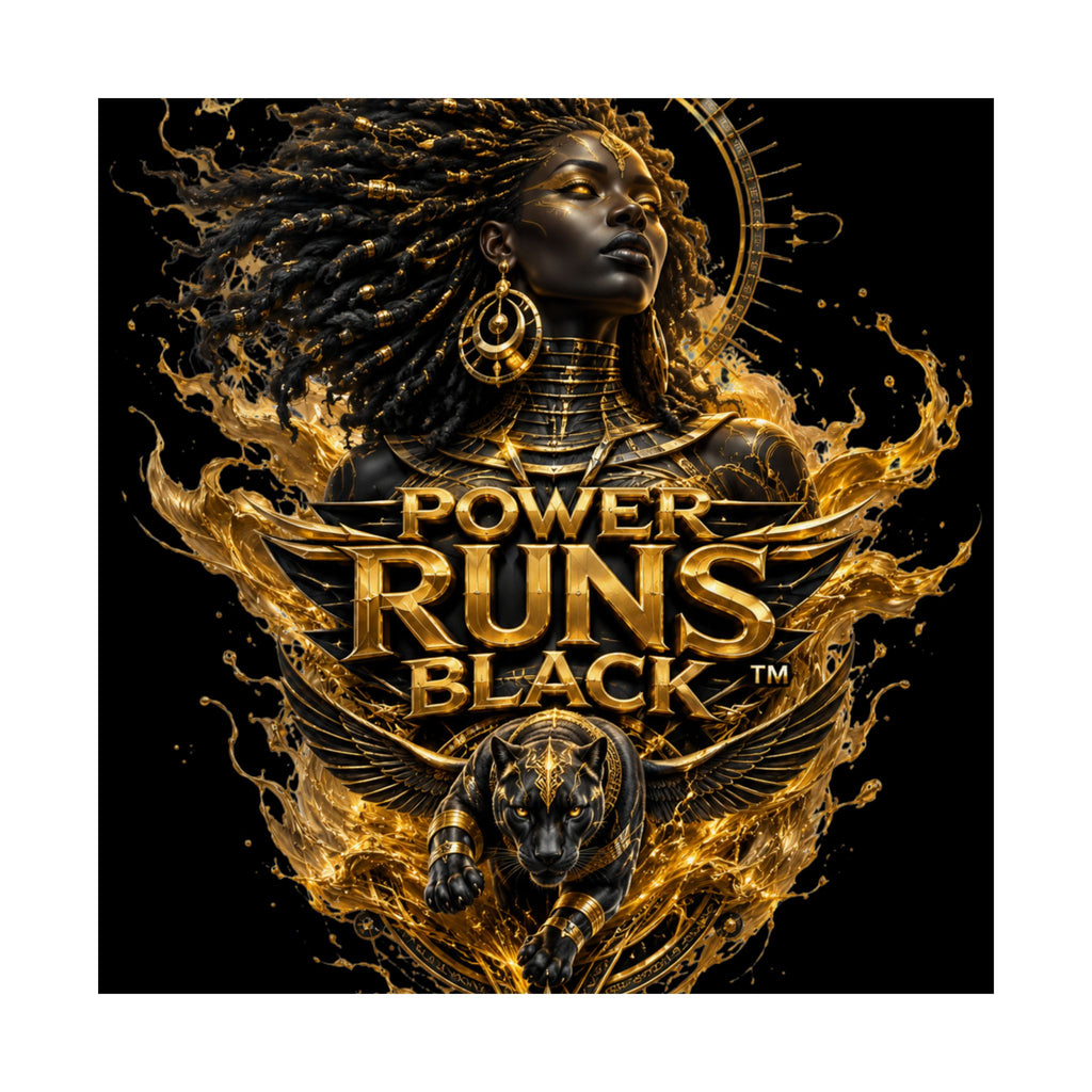 Power Runs Black Matte Poster — Afrocentric Gold Goddess Wall Art by Power Runs Black