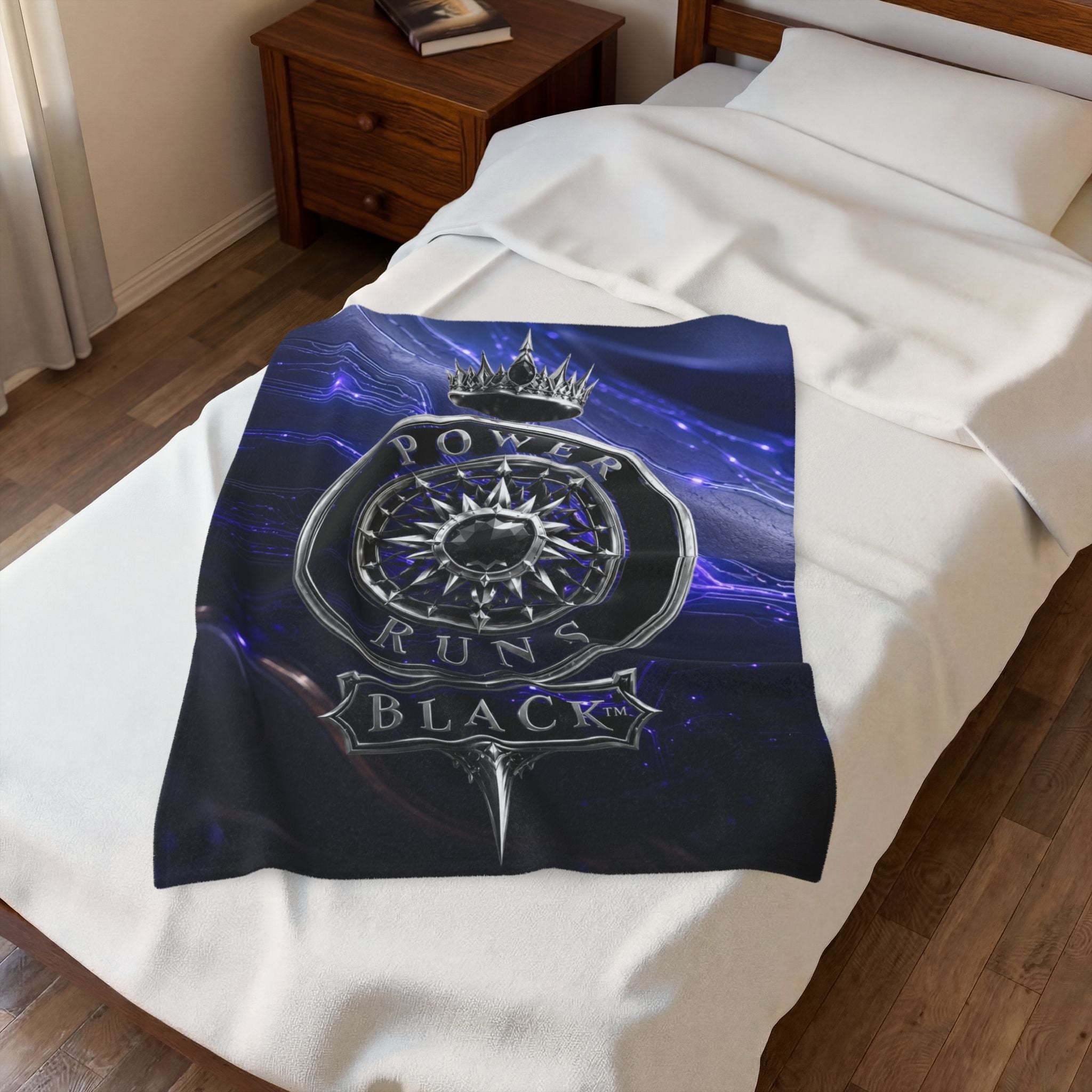 Power Runs Black Velveteen Plush Blanket – Galactic Crown Emblem by Power Runs Black