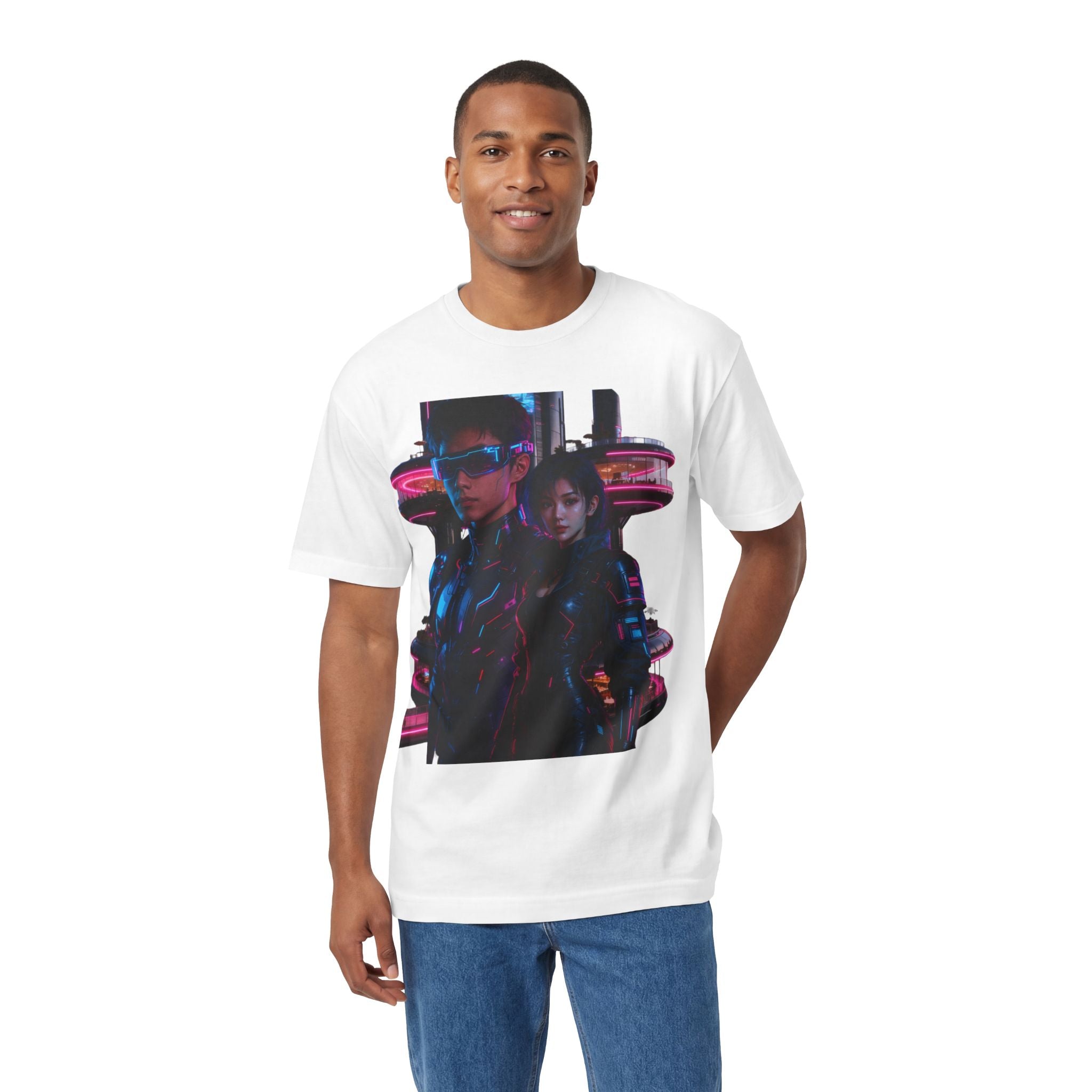 PRB Neon Tokyo Cyberpunk Couple T-Shirt | Futuristic Neon City Illustration by Power Runs Black